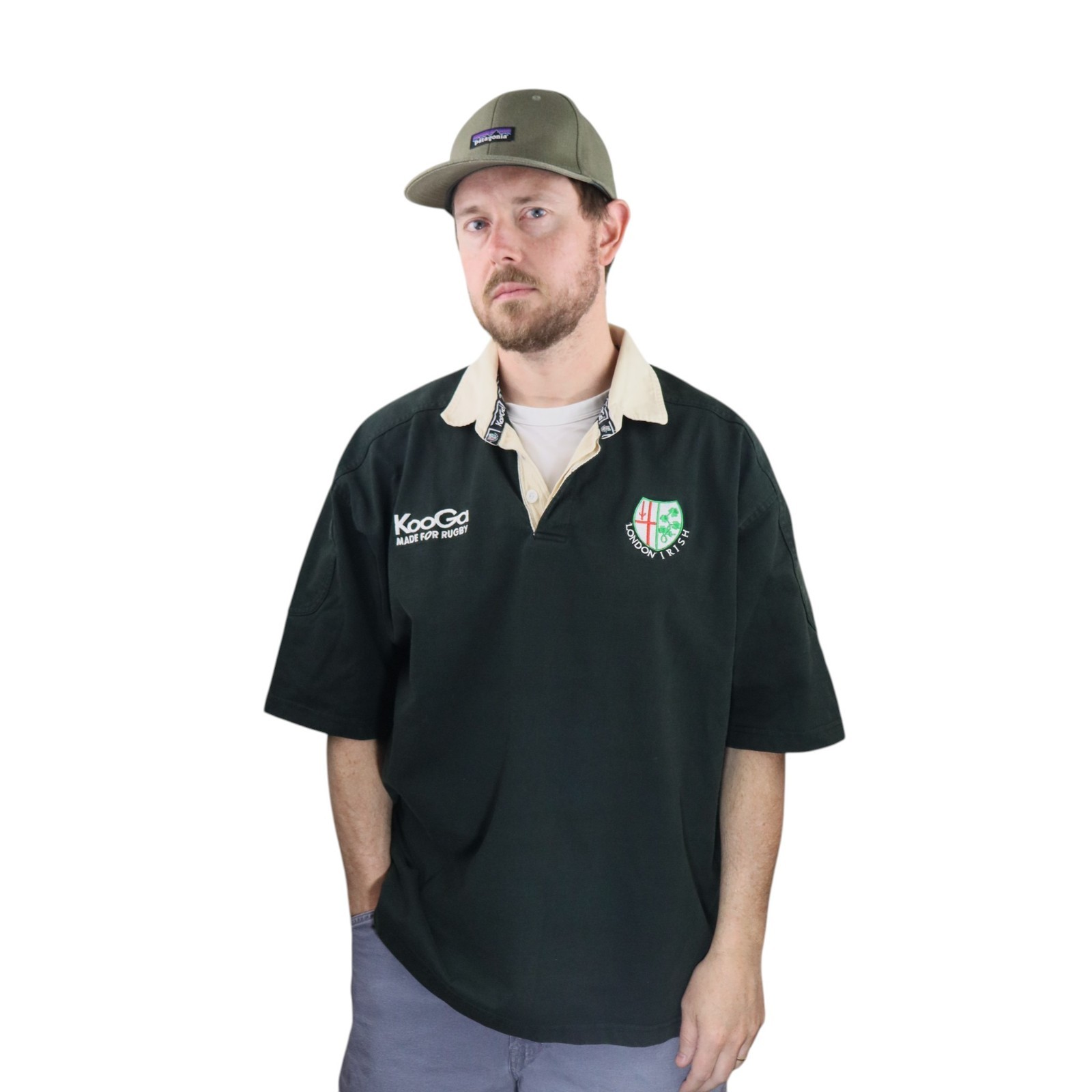 Vintage KooGa London Irish Rugby Polo Shirt Mens XL Black Guinness Beer Jersey