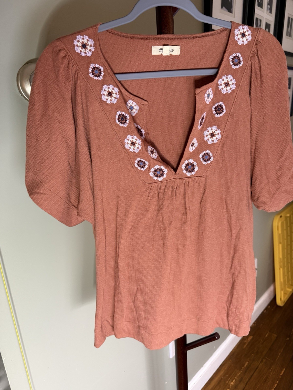 Madewell Lightspun Embroidered Top Womens S Warm Umber Flutter Sleeve NG597