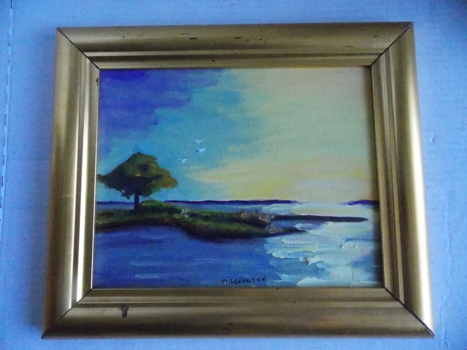 Vintage Minimalist Seascape Original oil painting on board by M.Hierholzer Vintage Minimalist Seascape Original oil painting on board by M.Hierholzer