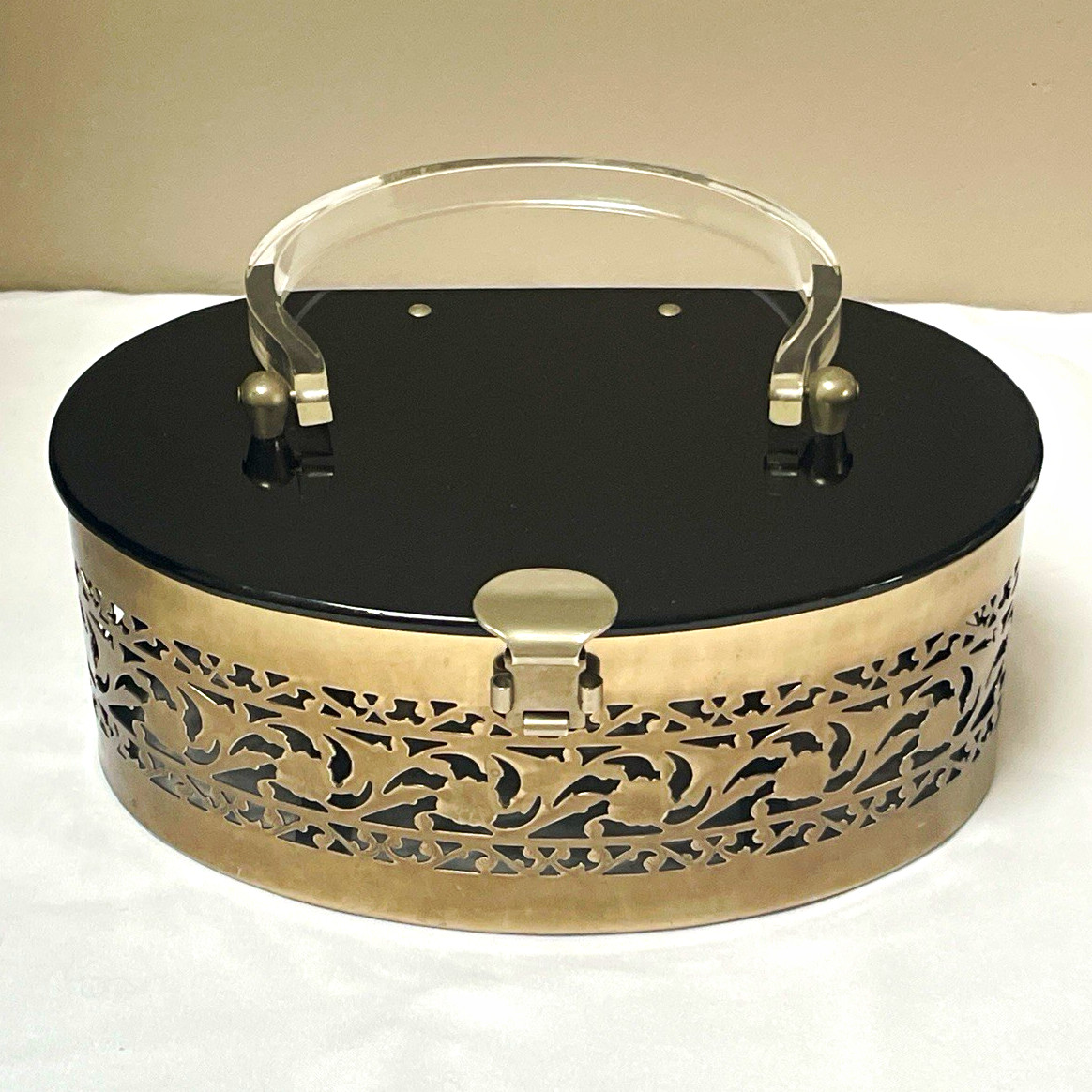 Vintage 1950s Black Lucite Silver-Tone Metal Filigree Box Purse Handbag