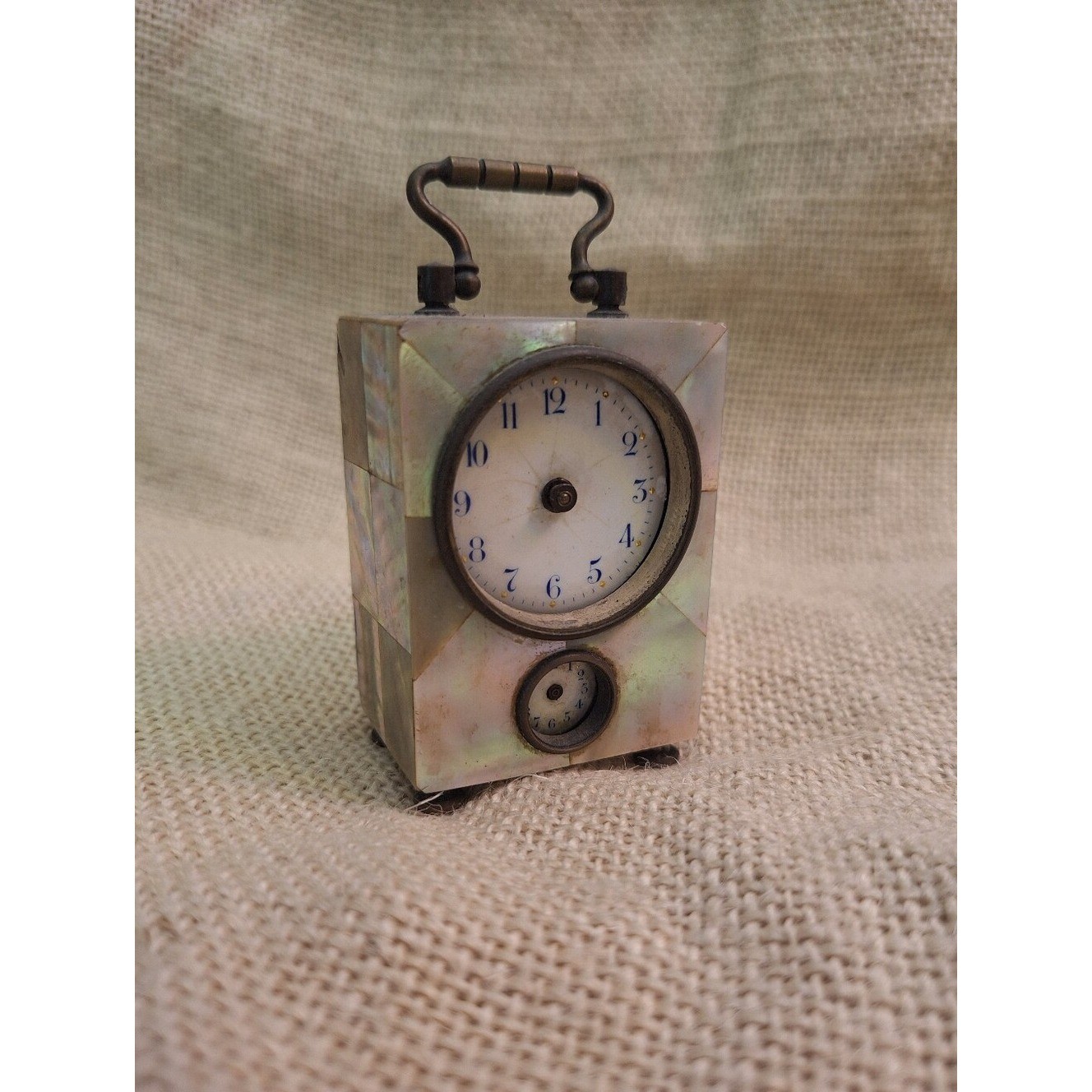Vintage Mother of Pearl Brass Miniature Carriage Clock Germany 19th Century Vintage Mother of Pearl Brass Miniature Carriage Clock Germany 19th Century
