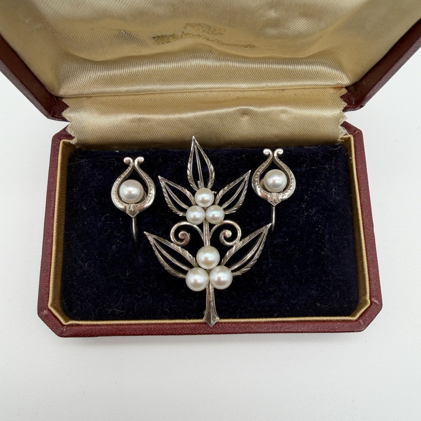 Vintage Mikimoto Sterling Silver Pearl Brooch & Earrings Set - Original Box - M