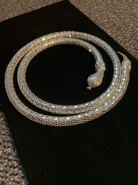 Vintage Silver Tone Mesh Snake Belt, Necklace Clear Eyes