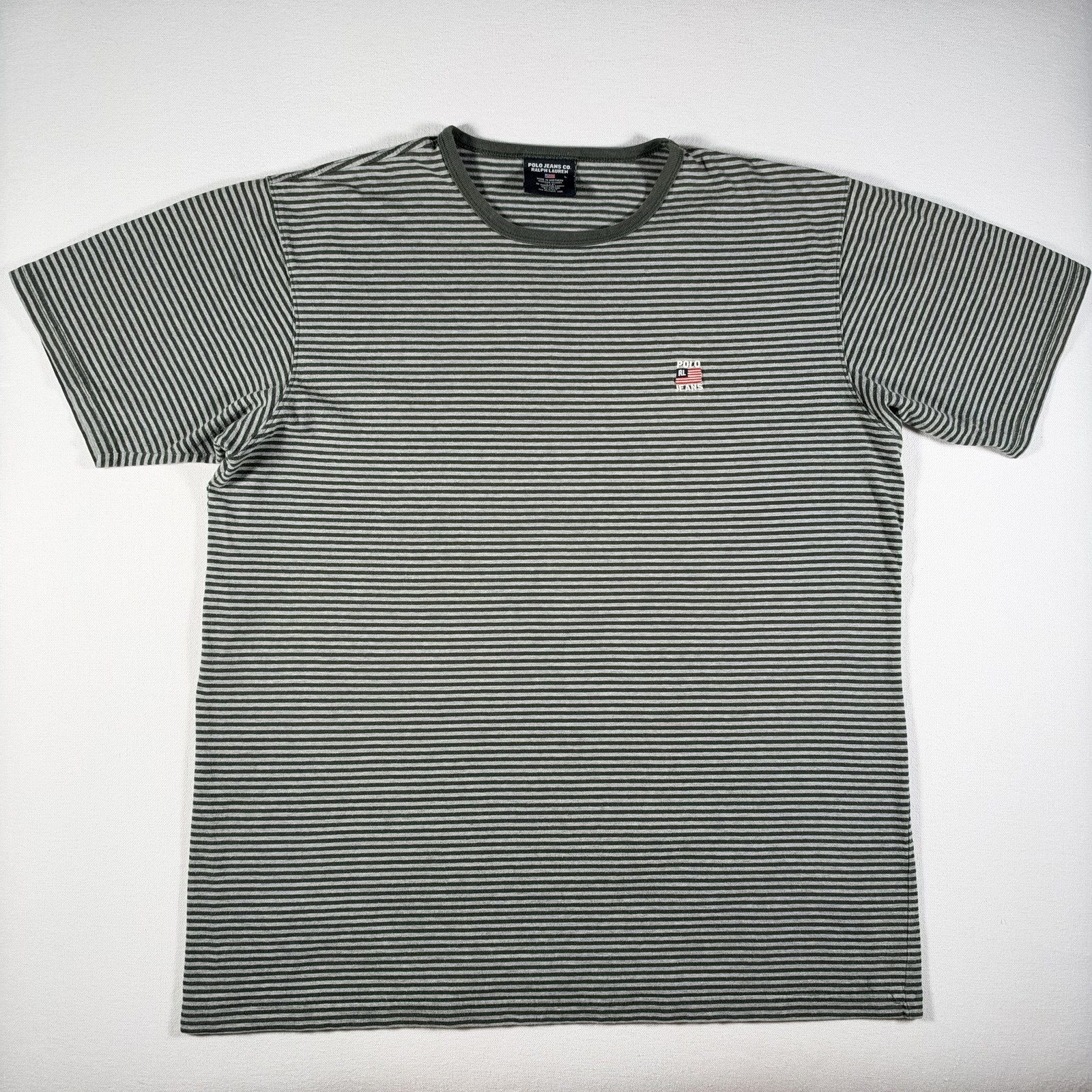 Vintage Polo Jeans Co Ralph Lauren Shirt Mens Large Green Striped USA Flag Logo