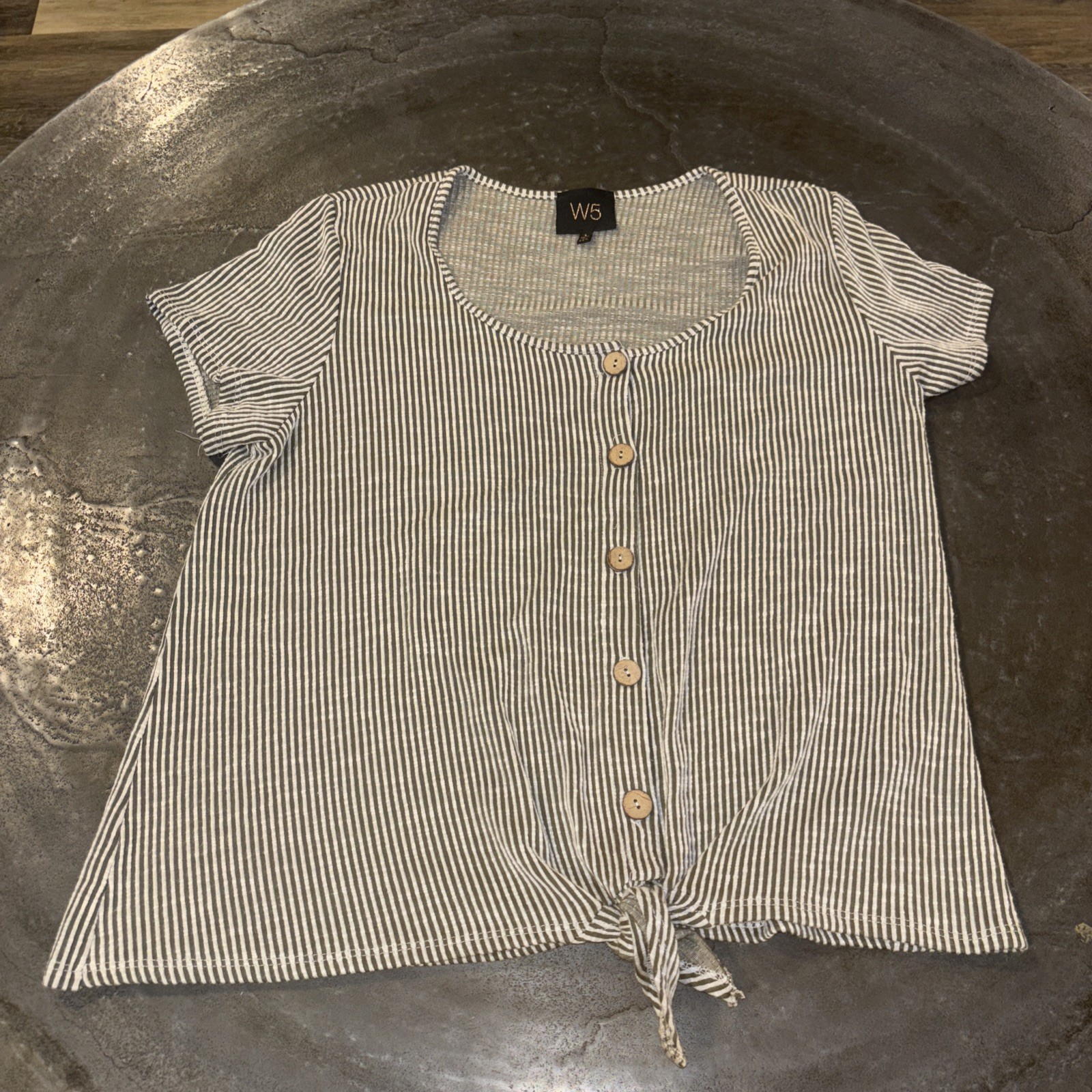 W5 Anthropologie Top Womens Large Grey White Stripe Fringe Whimsical Boho EUC