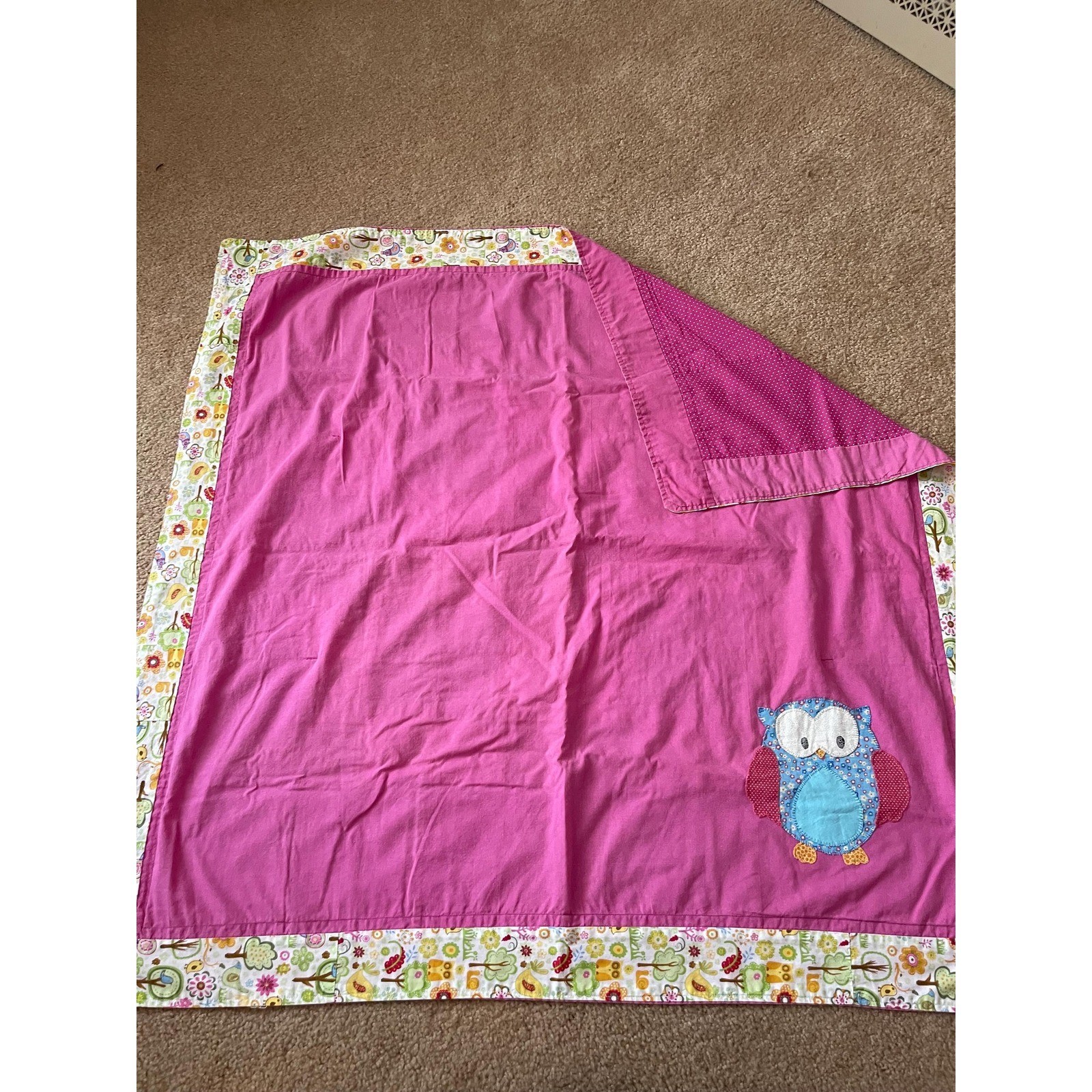 Vintage Handmade Pink Owl Baby Quilt 35\