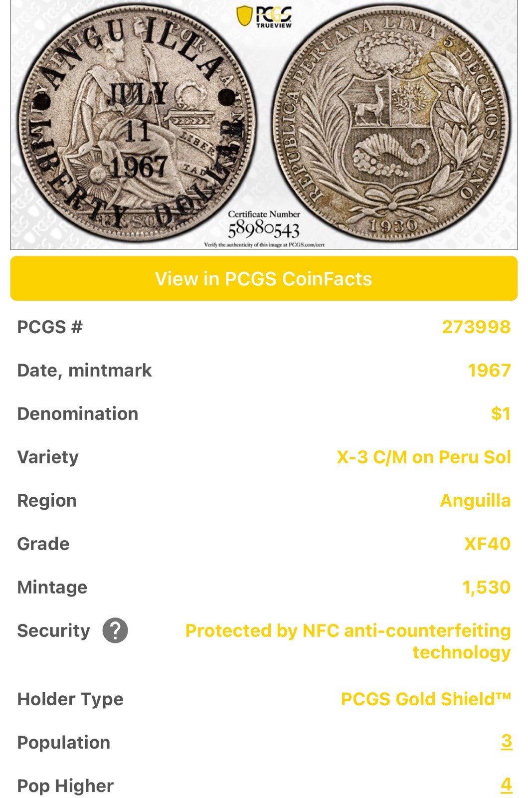 1967 Anguilla Liberty Dollar Overstruck on Silver 1926 Peru One Sol PCGS XF40 1967 Anguilla Liberty Dollar Overstruck on Silver 1926 Peru One Sol PCGS XF40
