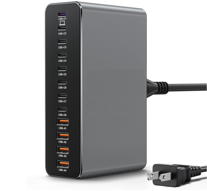Estación de Carga 380W con 12 Puertos y USB-C 65W para Portátiles. Nuevo