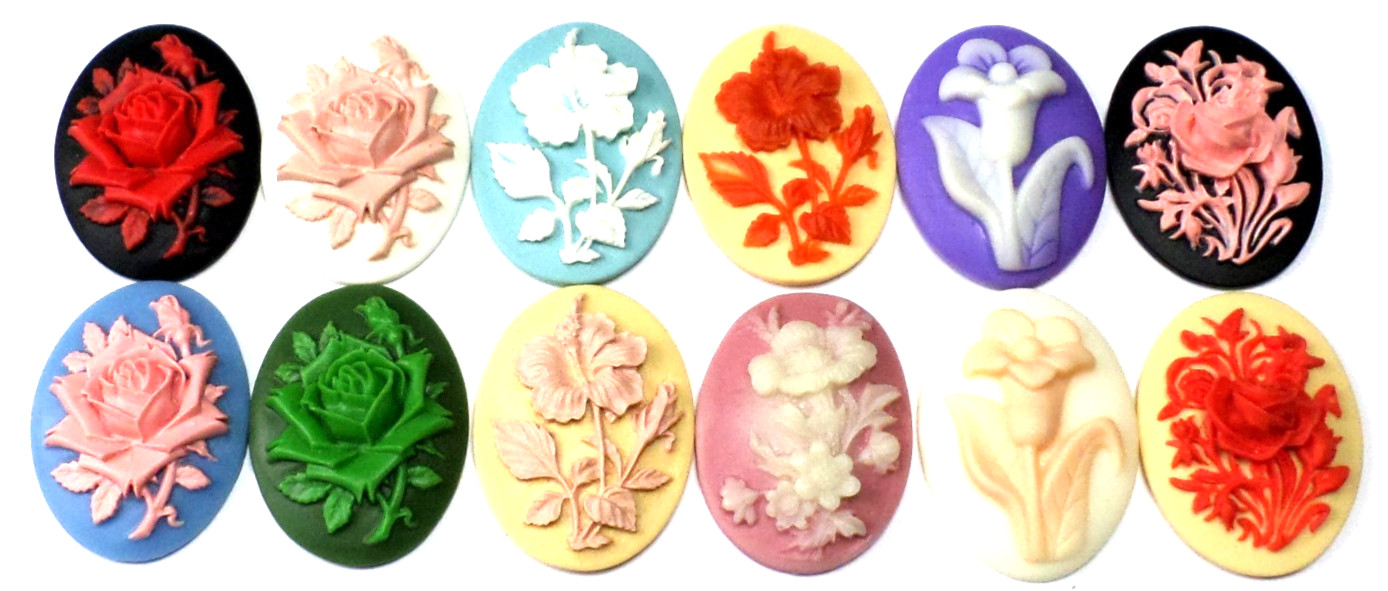 12 Different Colors 40x30 mm Different Flower Cameos, Hibiscus, Roses Cabochons 12 Different Colors 40x30 mm Different Flower Cameos, Hibiscus, Roses Cabochons