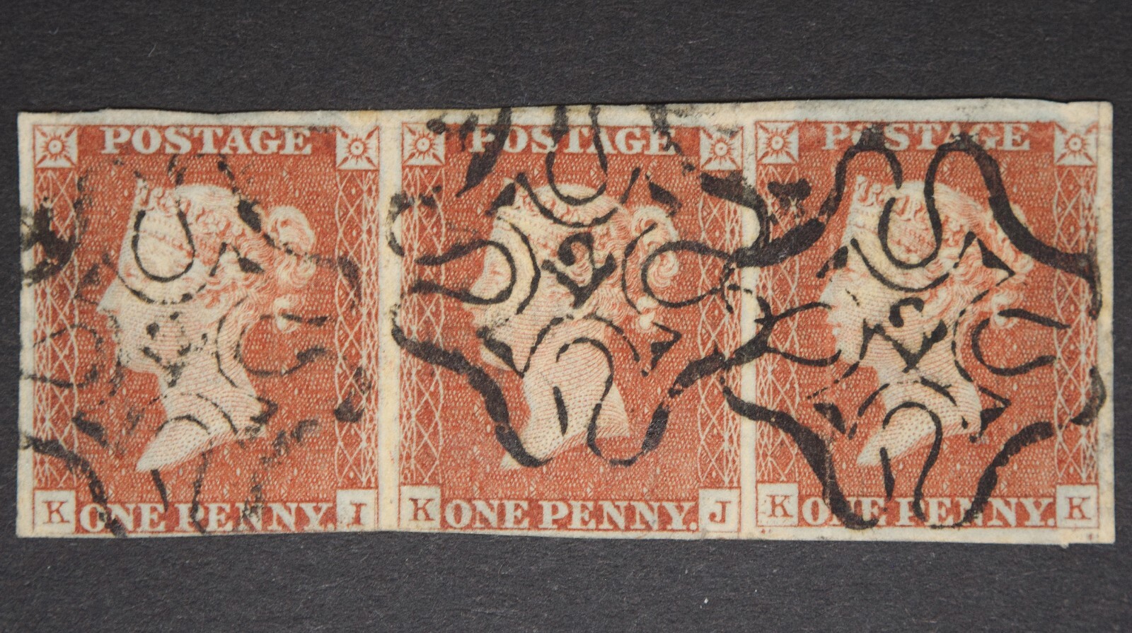 GB SG8m-No.12 1841 QV 1d Red-Brown, Numeral 12, Stripx3, Fine Used, c.£1050 GB SG8m-No.12 1841 QV 1d Red-Brown, Numeral 12, Stripx3, Fine Used, c.£1050