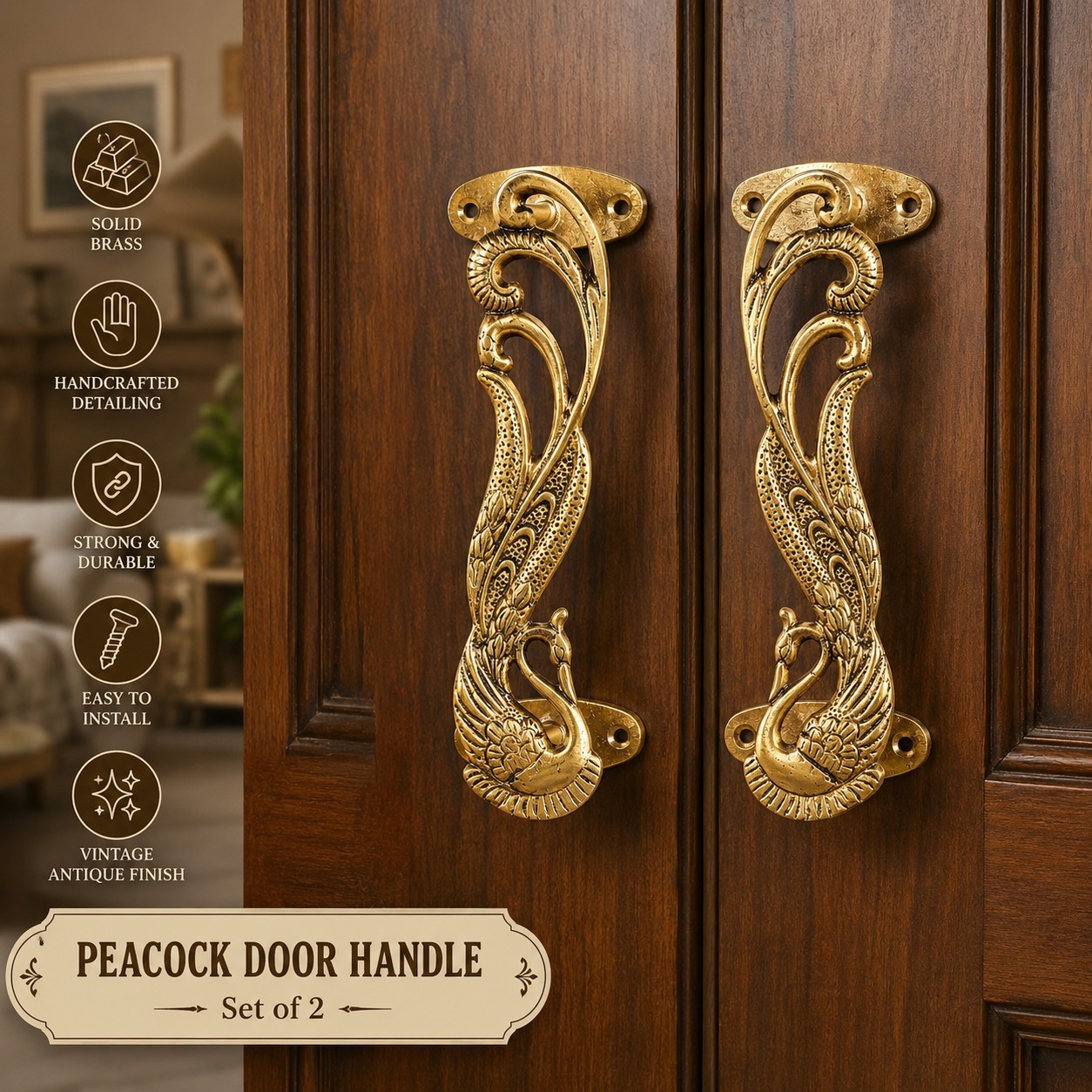 Vintage Brass Peacock Door Handles 11 inch SetOf 2 Antique Cabinet Wardrobe Pull