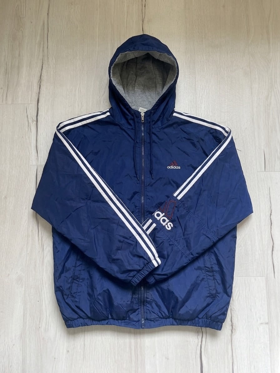 Vintage Y2K Adidas Reversible Fleece Hooded Jacket - Navy & Grey