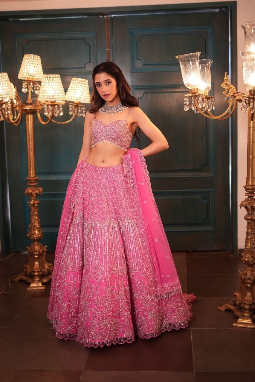 Unique Designer Pink Net Lehenga Choli With Dupatta For Wedding & Party