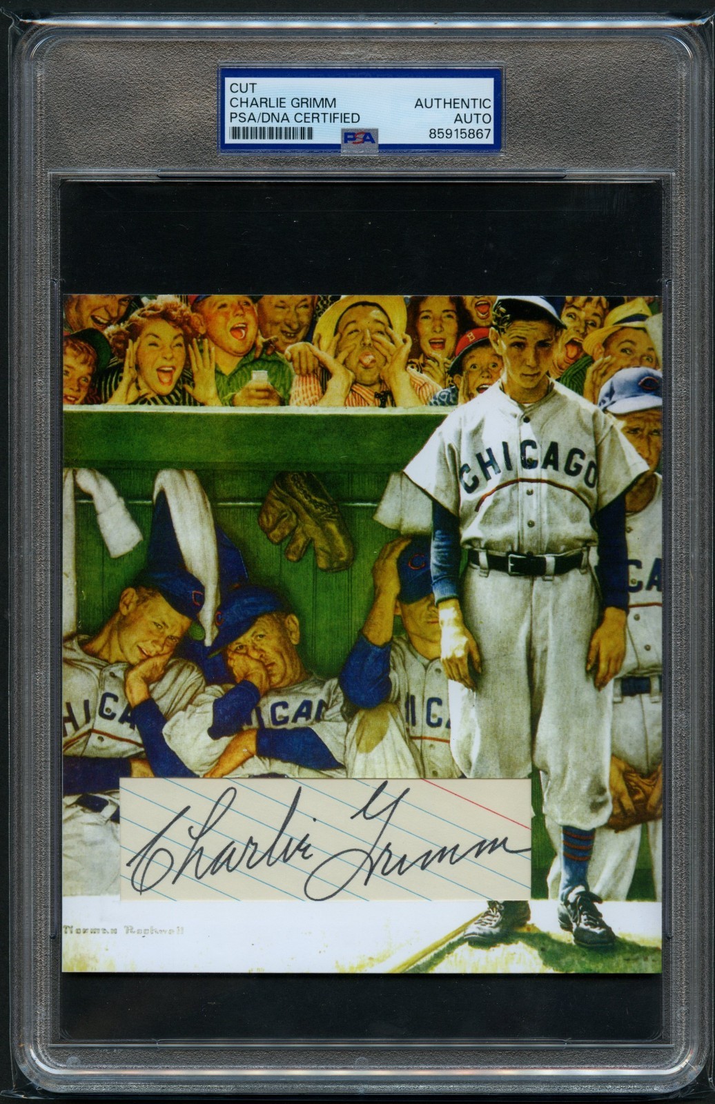 Charlie Grimm signed auto 5.5x6.5 Custom Cut Norman Rockwell Cubs Painting PSA Charlie Grimm signed auto 5.5x6.5 Custom Cut Norman Rockwell Cubs Painting PSA