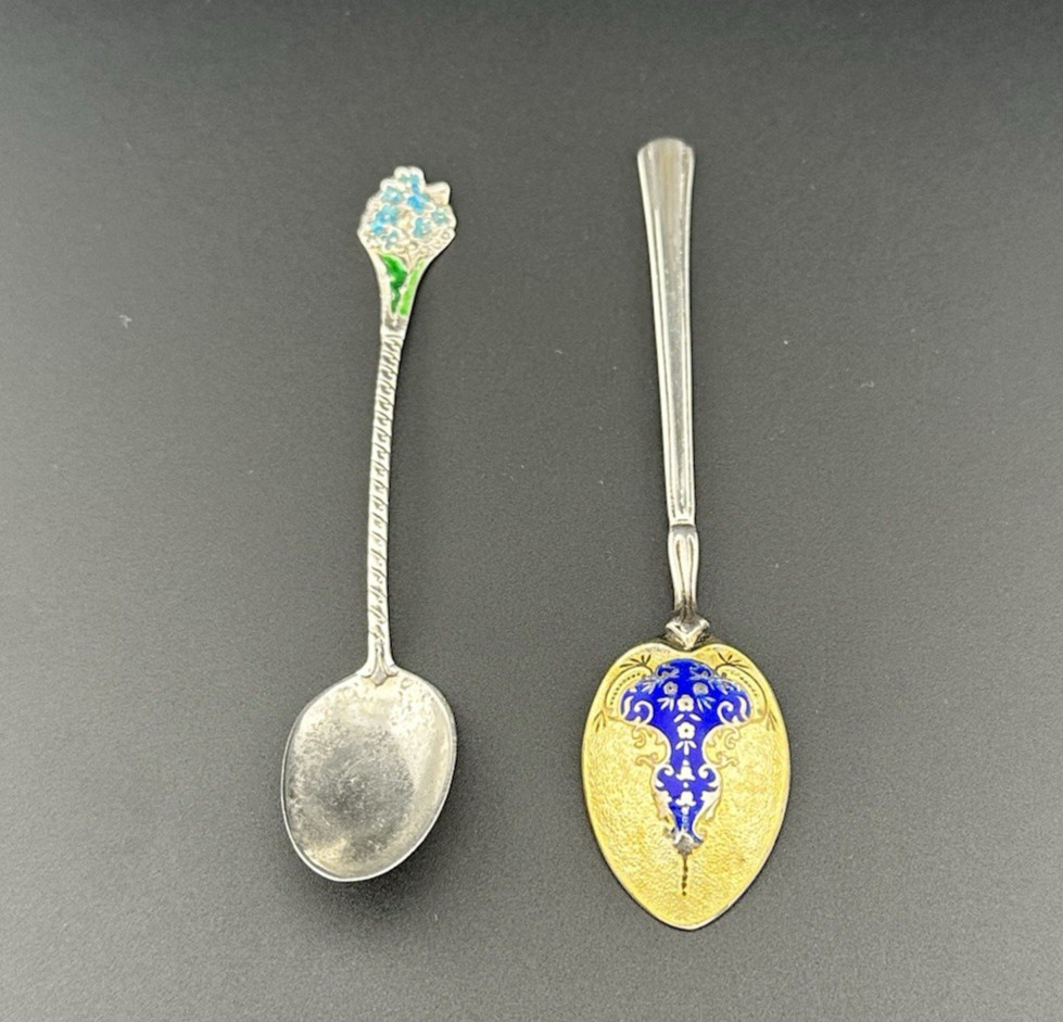 2 x Vintage Sterling Silver and Enamel Spoons - Turner & Simpson and Gorham