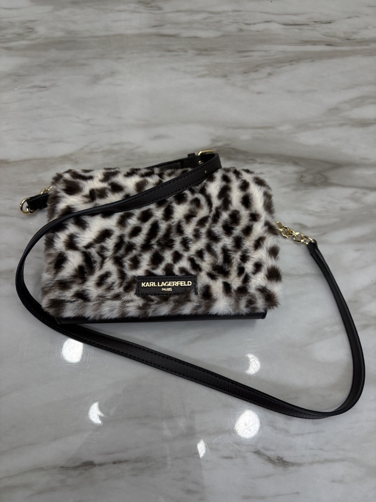 Karl Lagerfeld Snow Leopard Faux Fur Crossbody Bag