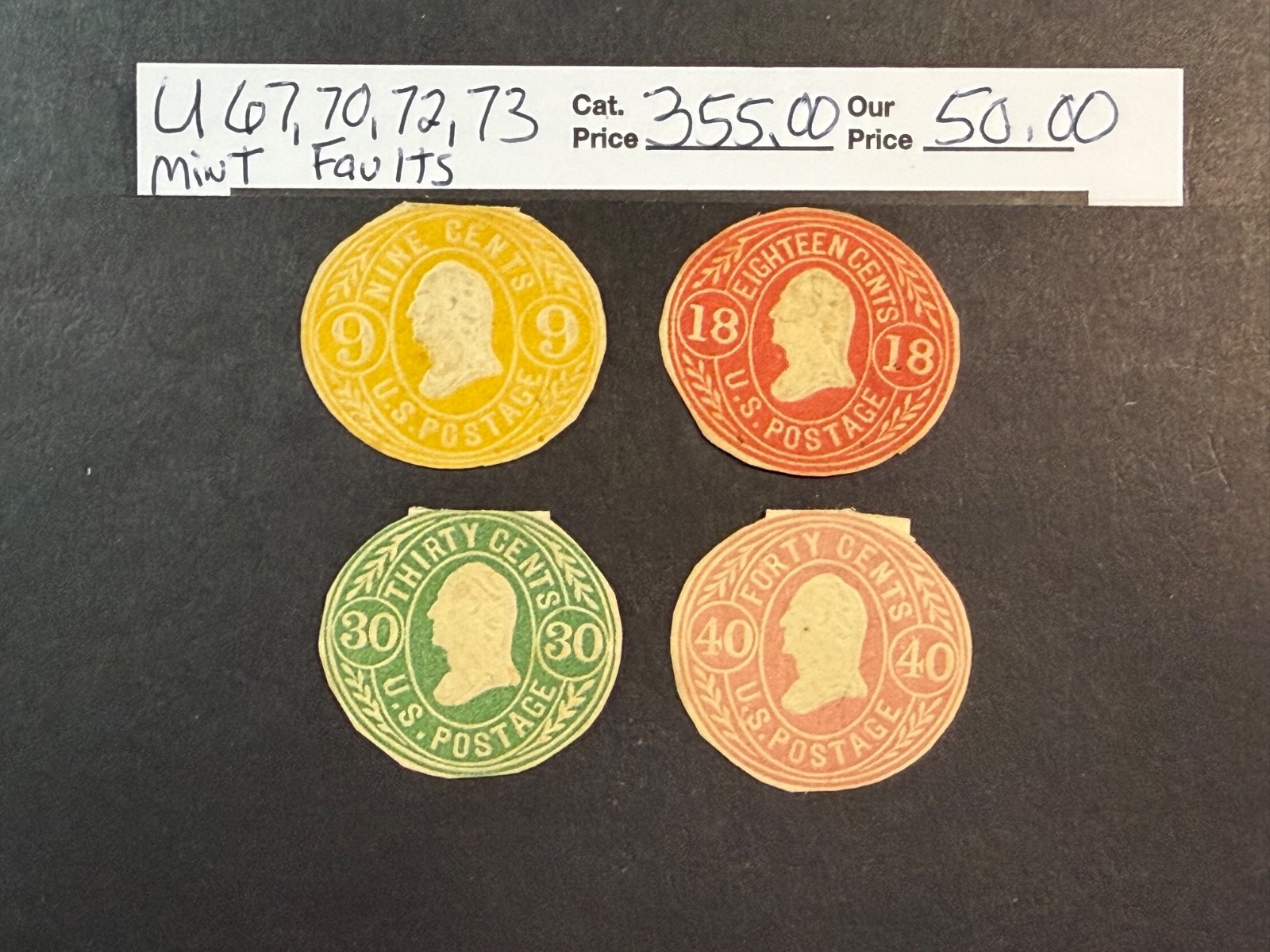 US Scott # U 67, 70, 72, 73 Mint faults SCV $ 355.00 US Scott # U 67, 70, 72, 73 Mint faults SCV $ 355.00