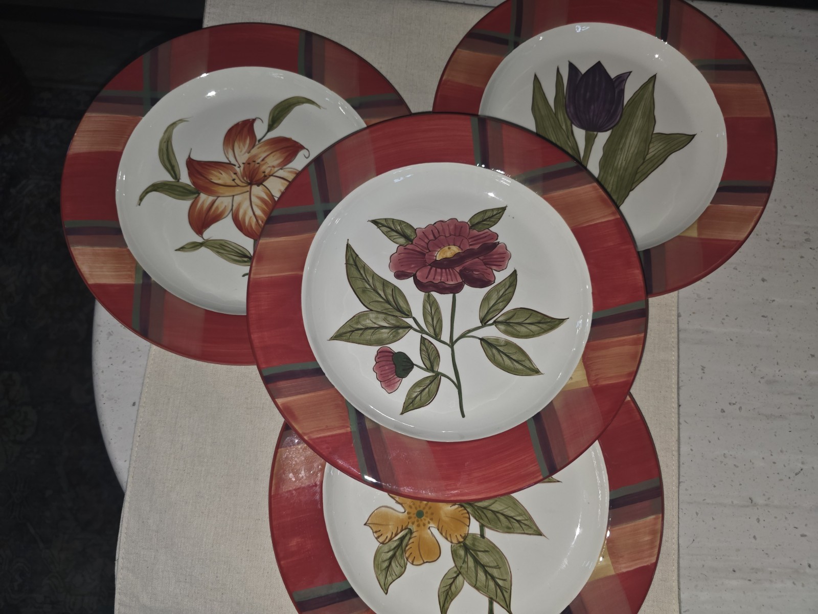 Certified International Floral & Plaid Dinner Plates Set of 4 11.25