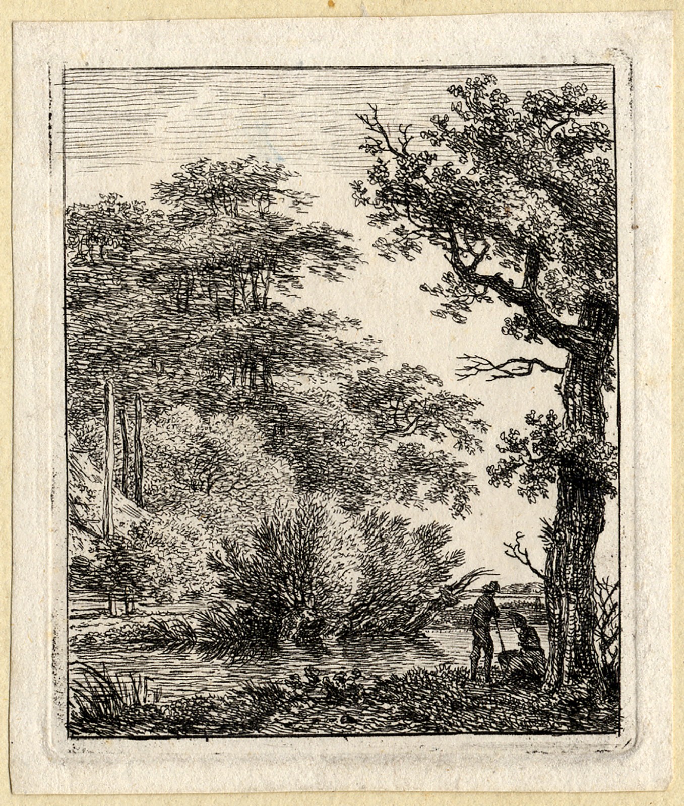 Antique Master Print-LANDSCAPE -LARGE TREE-TWO MEN-Hermanus Fock-ca. 1790