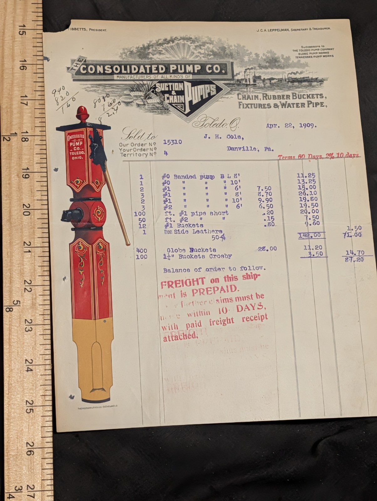 antique 1909 Consolidated Pump company Colored graphic billhead Toledo ohio antique 1909 Consolidated Pump company Colored graphic billhead Toledo ohio