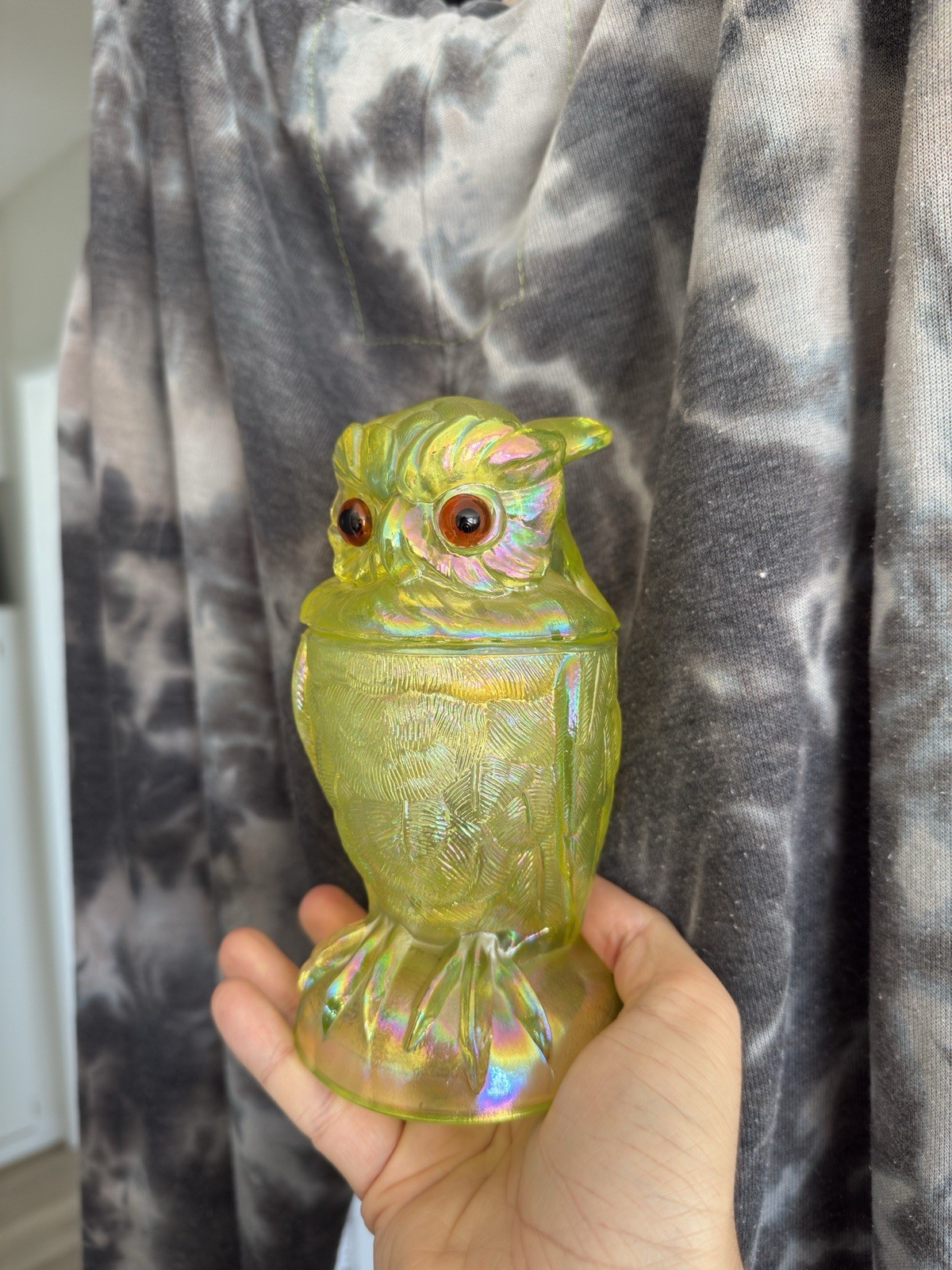 Very rare Summit / Imperial Glass Candy Jar Owl Vaseline Uranium Iridescent Mint Very rare Summit / Imperial Glass Candy Jar Owl Vaseline Uranium Iridescent Mint