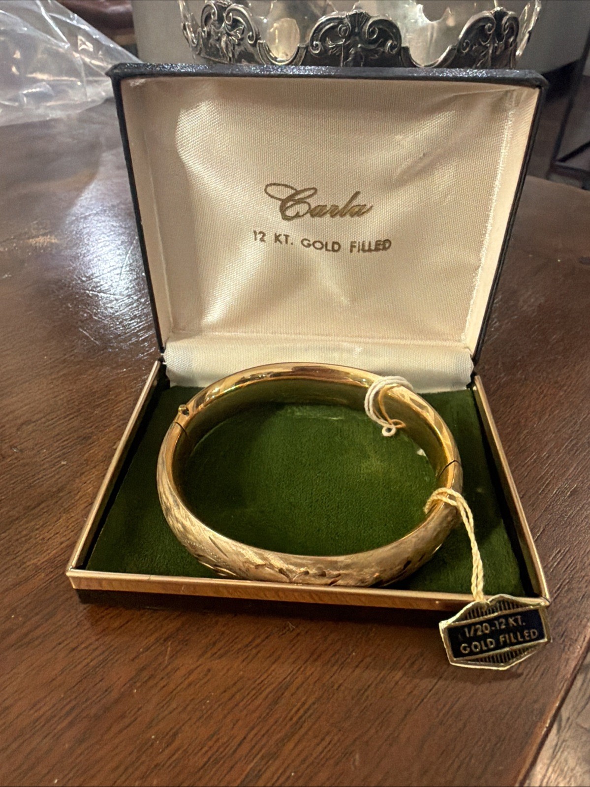 Vintage CARL ART CA 12K Gold Filled Floral Swirl Etched Bangle Hinged Bracelet