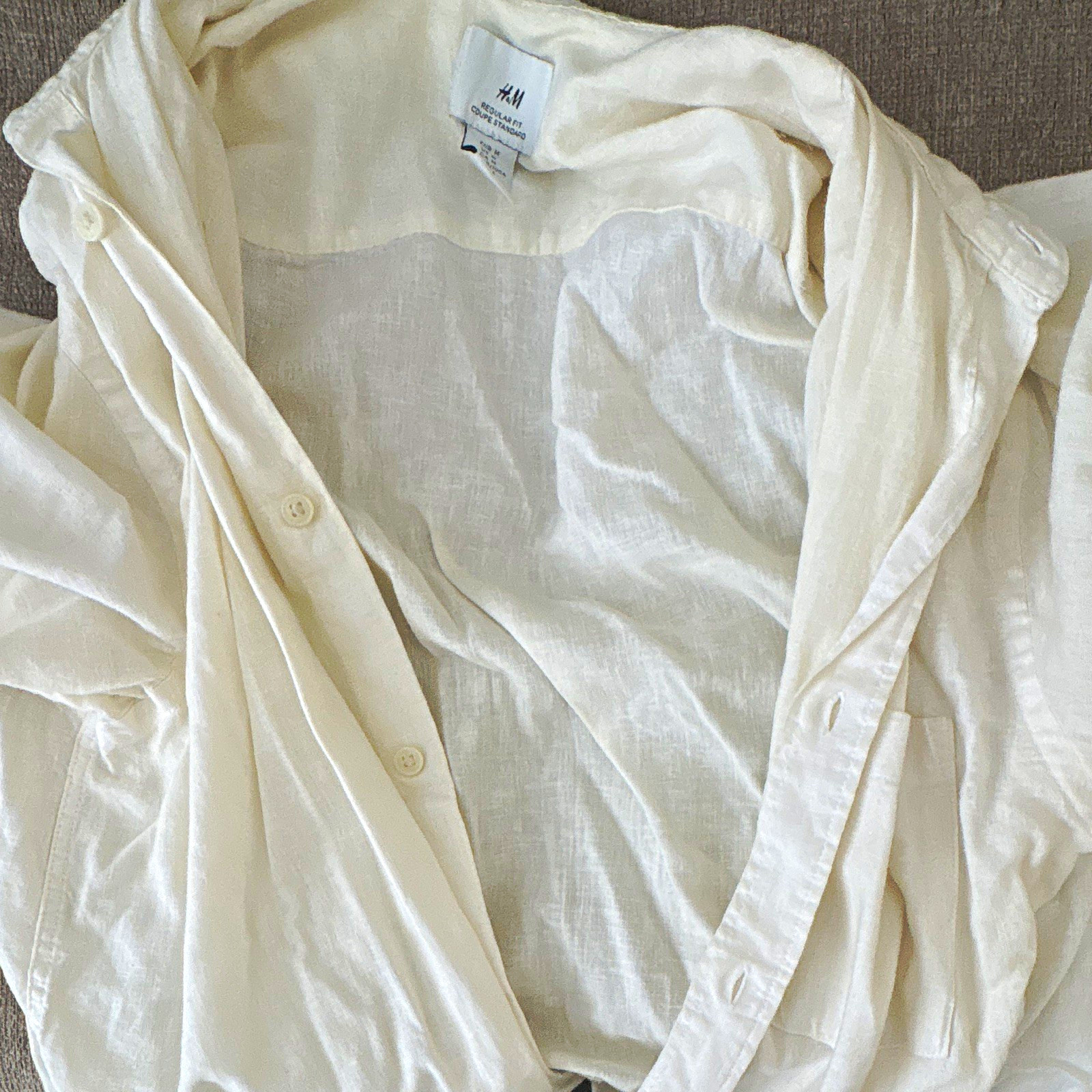 H&M Men\'s White Linen Cotton Regular Fit Short Sleeve Button-Up Shirt M
