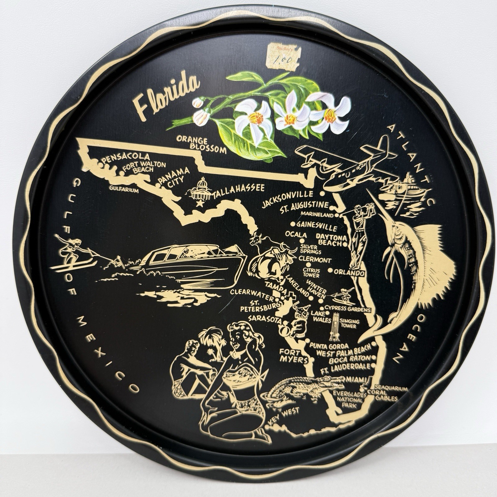 Vintage Florida State Tray MCM Kitschy Barware Graphic Souvenir Decor Platter