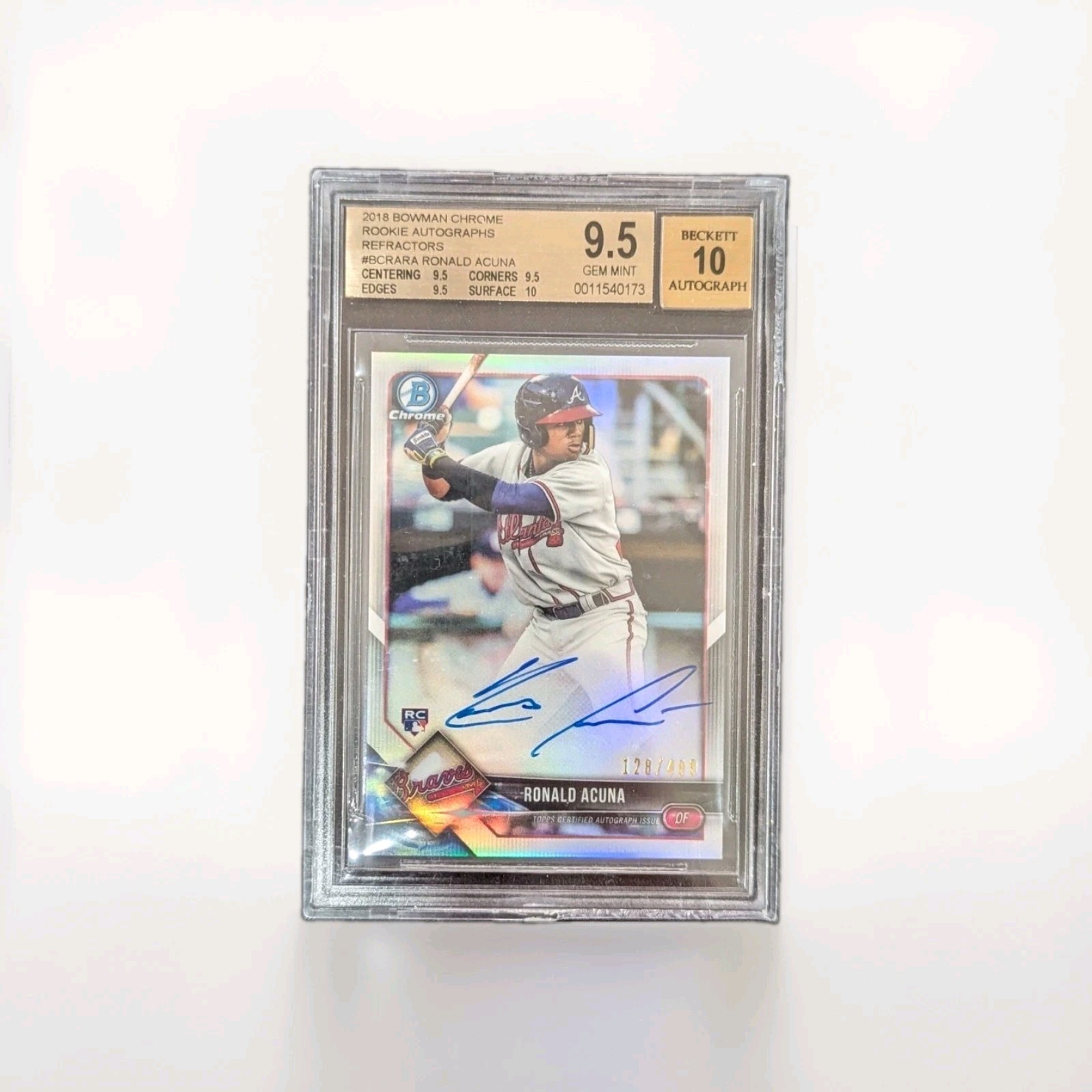 2018 Bowman Chrome Rookie Auto 10 Refractor Ronald Acuna Jr. BGS 9.5 #’d /499 2018 Bowman Chrome Rookie Auto 10 Refractor Ronald Acuna Jr. BGS 9.5 #’d /499