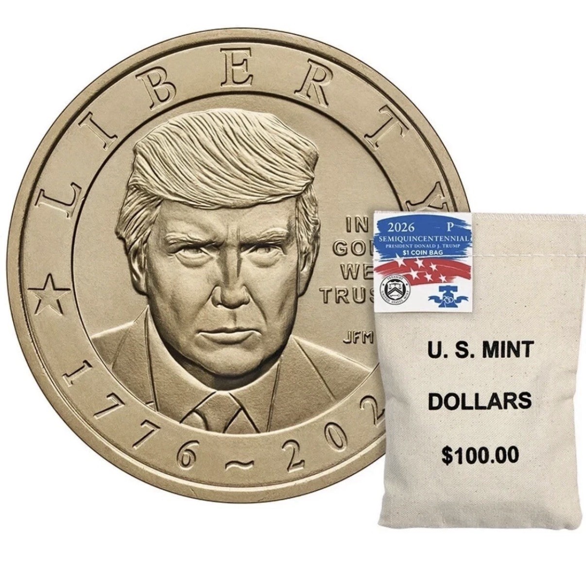 IN HAND SEALED 2026 Semiquincentennial President Donald Trump $1 Coin Bag $100 IN HAND SEALED 2026 Semiquincentennial President Donald Trump $1 Coin Bag $100