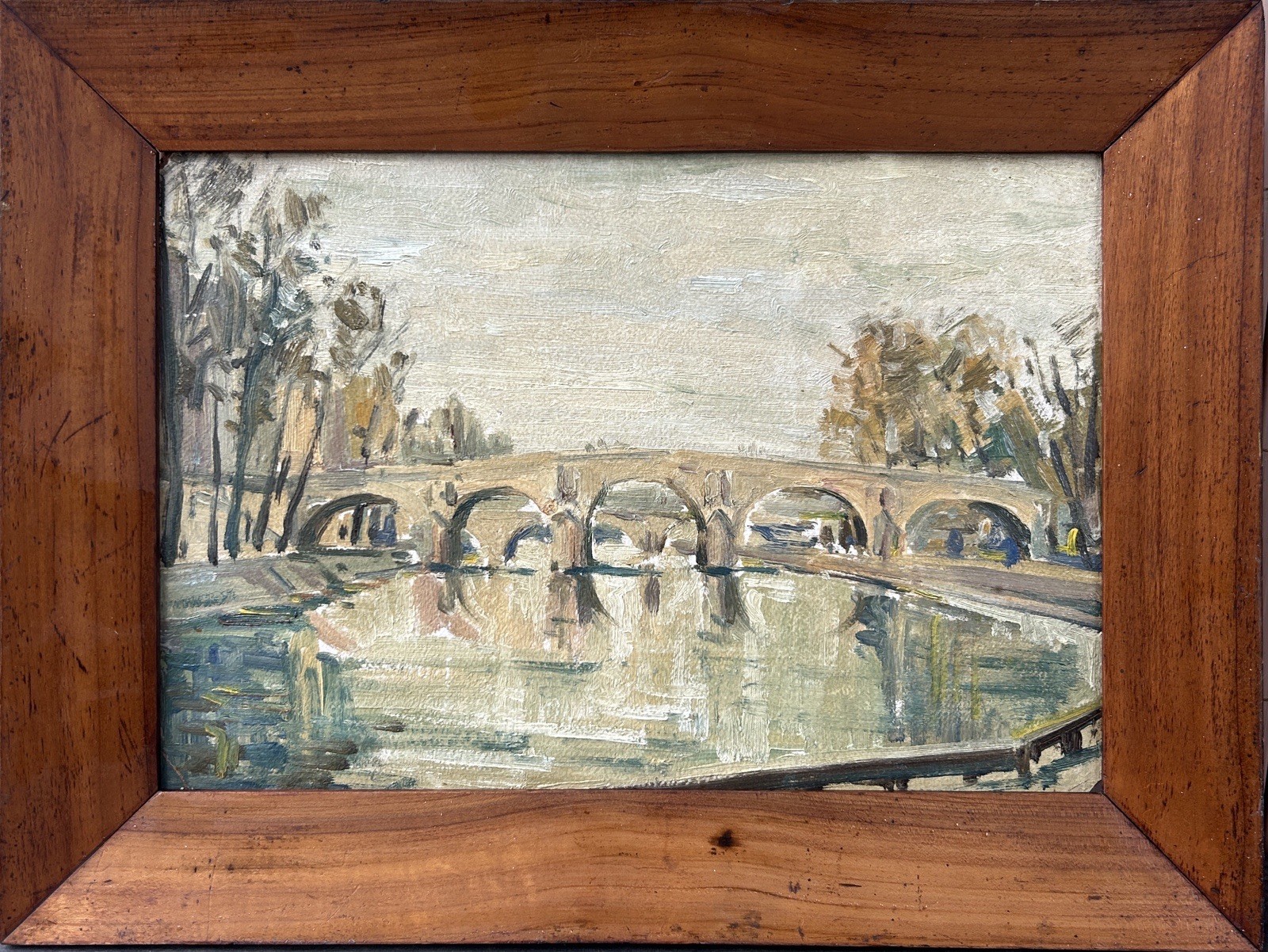 Antique Original Oil painting, Bridge Seine Paris Architecture 1940’s Framed