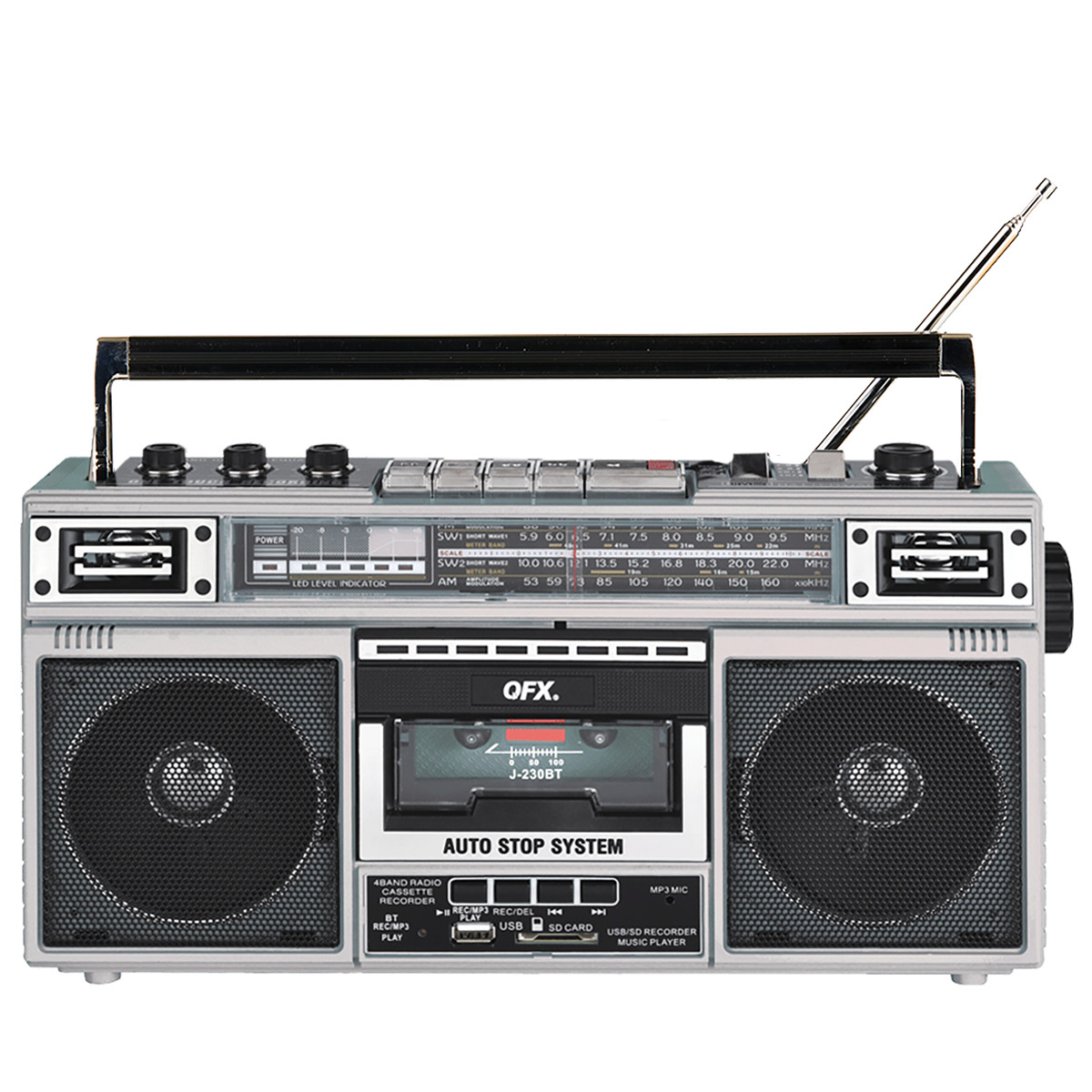 Silver QFX J-230BT(220BT) Retro AM/FM Radio+Rechargeable+Cassette MP3 Converter Silver QFX J-230BT(220BT) Retro AM/FM Radio+Rechargeable+Cassette MP3 Converter
