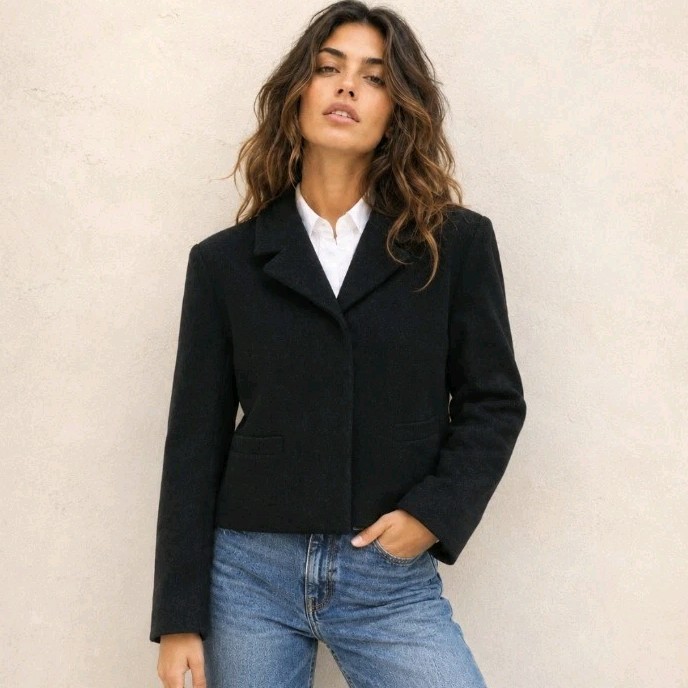 Vtg Talbots Collection Blazer Wool/Silk Blend Black Made In Italy Cropped Size 8