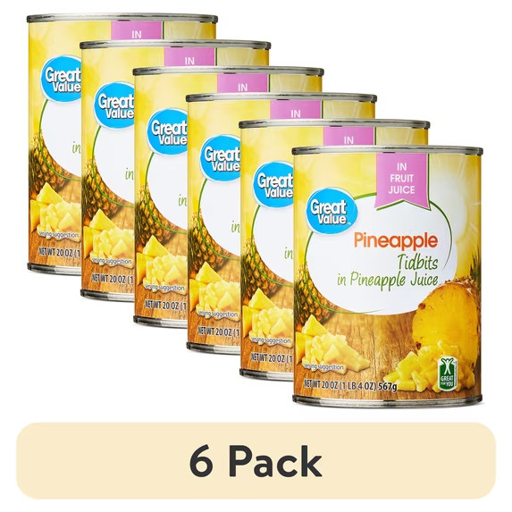 (6 pack) Great Value Canned Pineapple Tidbits, 20 oz