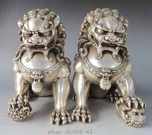 15.5cm Chinese Silver Bronze Fu Foo Dog Guardian lion Statue Pair 15.5cm Chinese Silver Bronze Fu Foo Dog Guardian lion Statue Pair