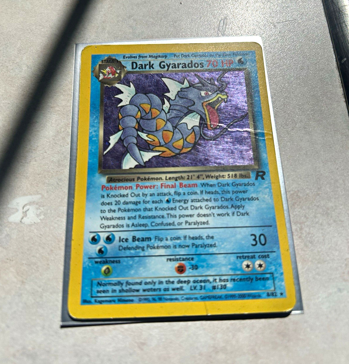 Dark Gyarados 8/82 Team Rocket Holo Rare Unlimited 70 HP English 2000 DAMAGED Dark Gyarados 8/82 Team Rocket Holo Rare Unlimited 70 HP English 2000 DAMAGED