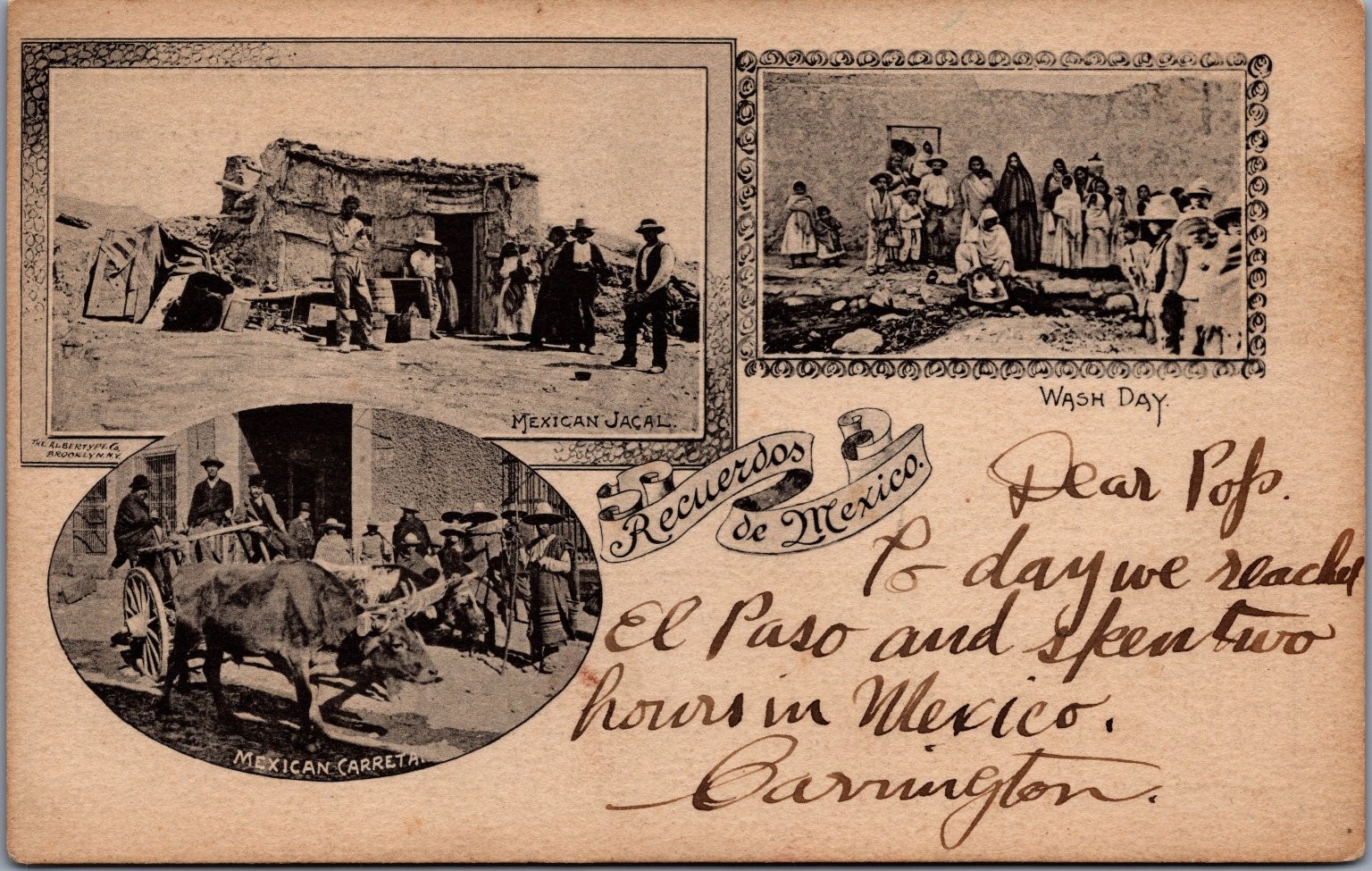 Recuerdos de Mexico Postcard - Mexican Jacal Carreta Wash Day El Paso