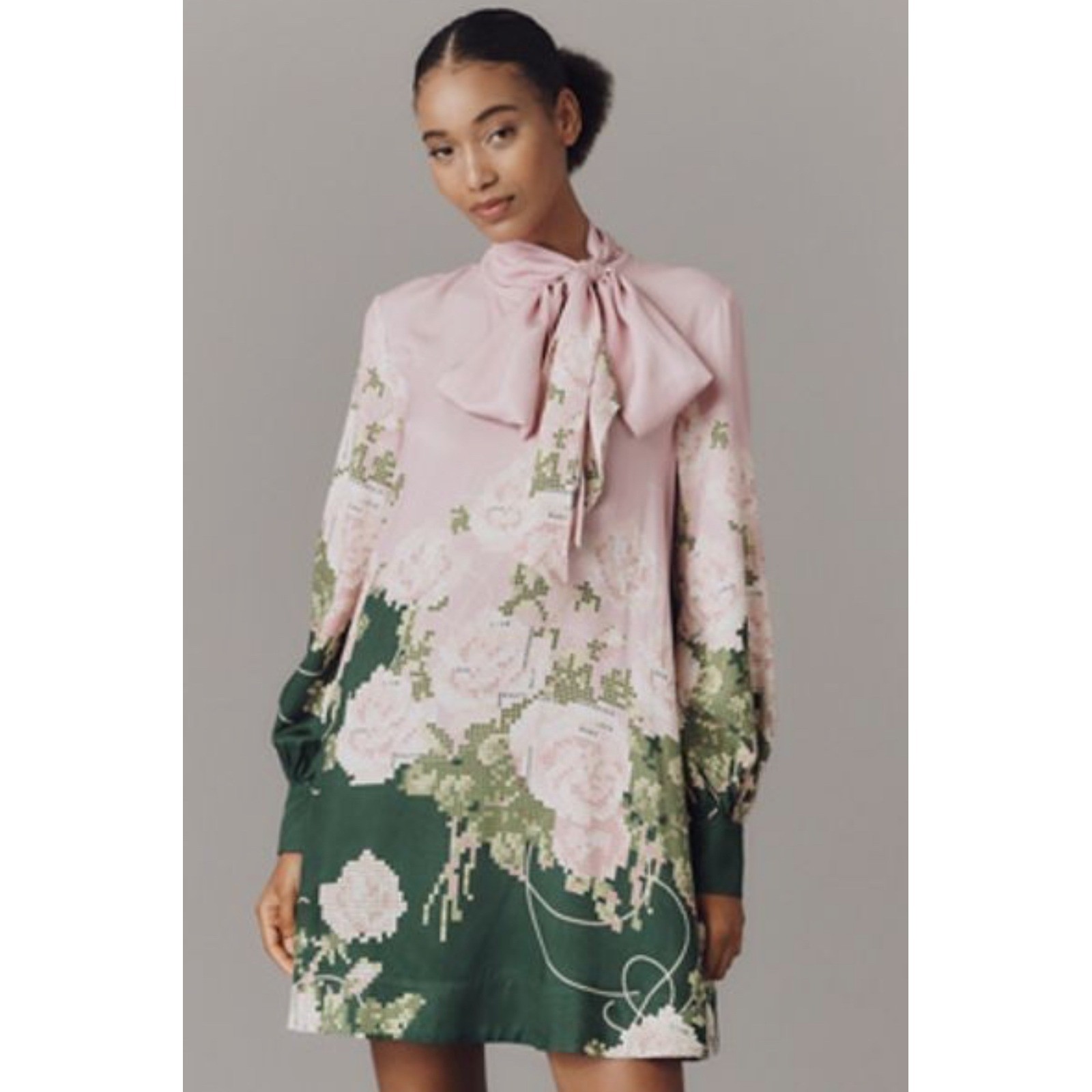 NWT Anthropologie Caroline Tie-Neck Mini Dress by Maeve XS Pink & Green Floral NWT Anthropologie Caroline Tie-Neck Mini Dress by Maeve XS Pink & Green Floral