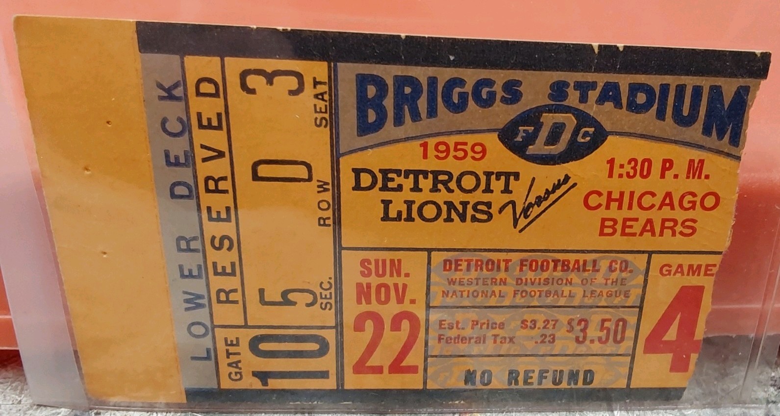 1959 Detroit Lions vs Chicago Bears NFL football ticket stub, Briggs Stadium 1959 Detroit Lions vs Chicago Bears NFL football ticket stub, Briggs Stadium