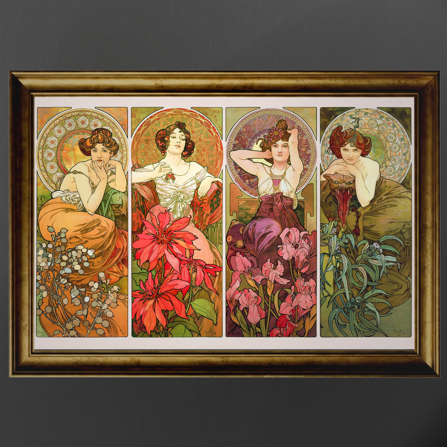 Mucha Precious Stones Series 18x12: Floral Goddess Maximalist Vintage Wall Art