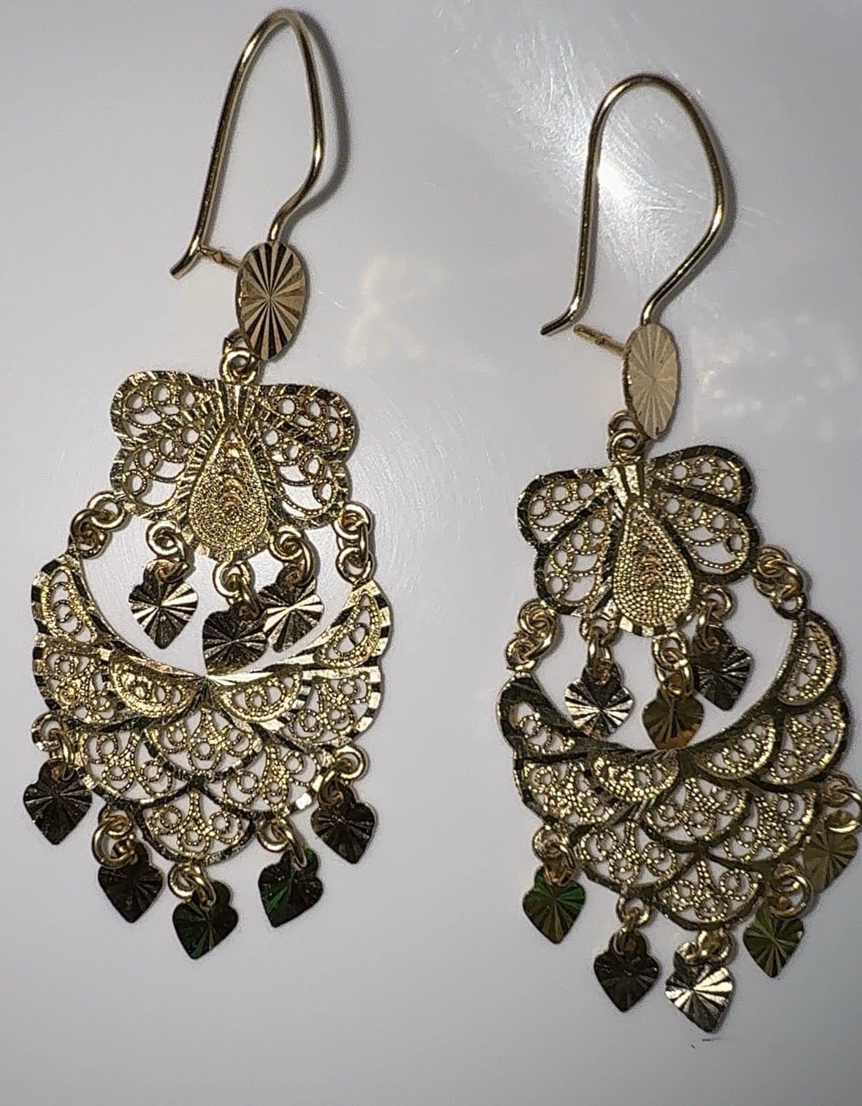 14K Yellow Gold Filigree Chandelier Dangle Heart Earrings 7.3G