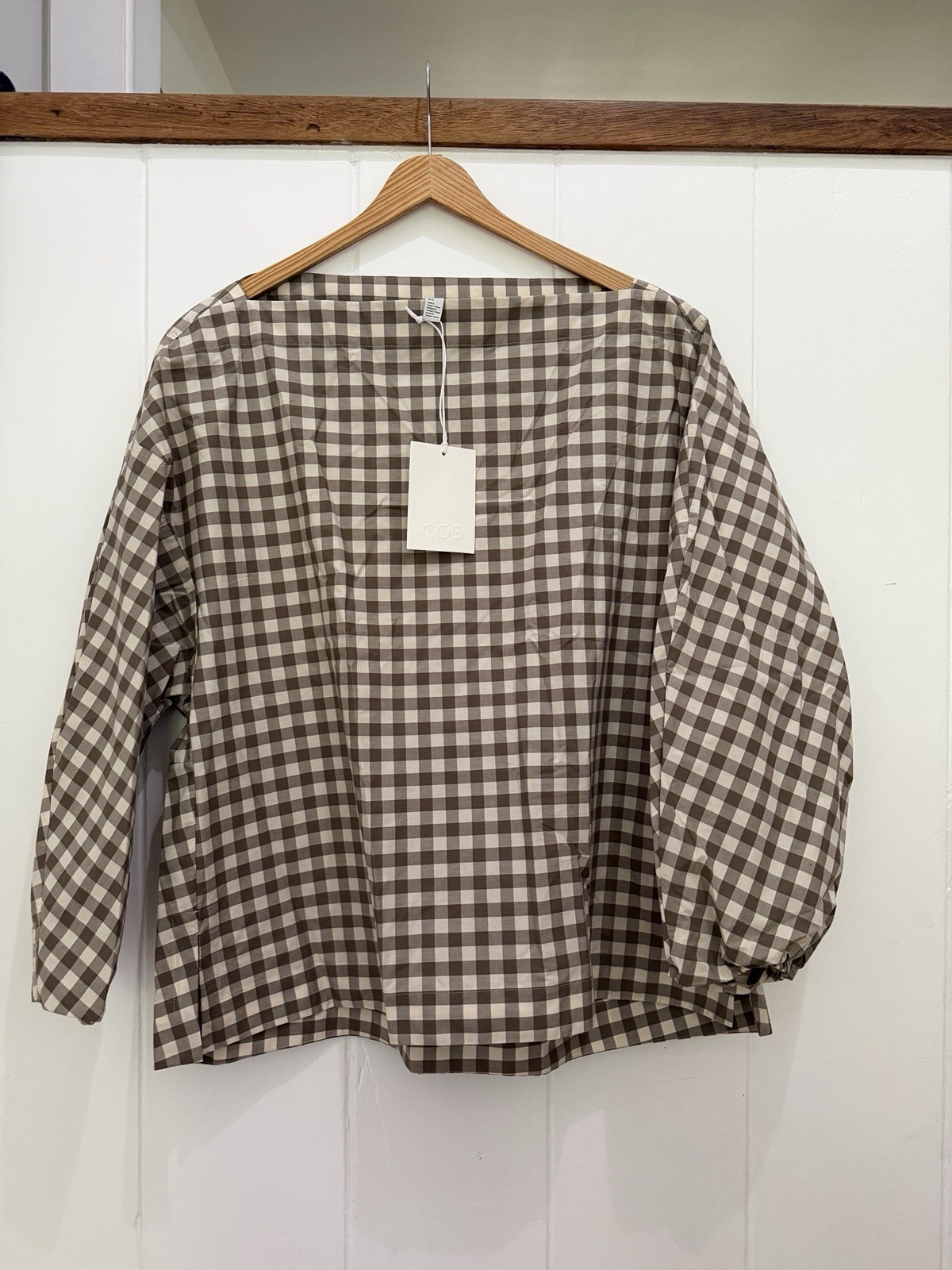 Cos 100% Cotton Gingham Popover Blouse Brown White Long Sleeve Size 12 NWT