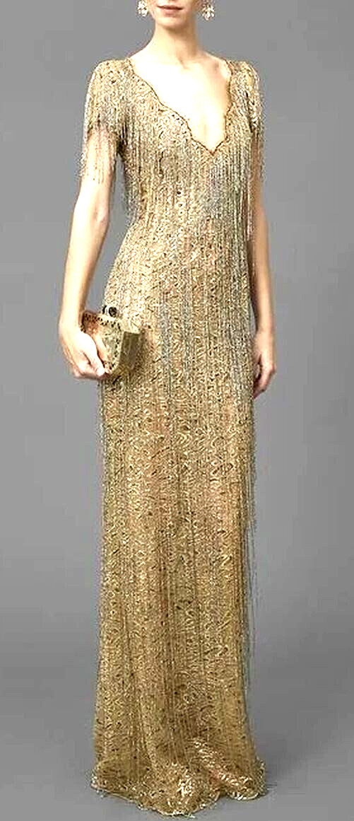 New MARCHESA Couture Sequin Fringe Embroidered Gold Long Evening Gown Dress 4 New MARCHESA Couture Sequin Fringe Embroidered Gold Long Evening Gown Dress 4