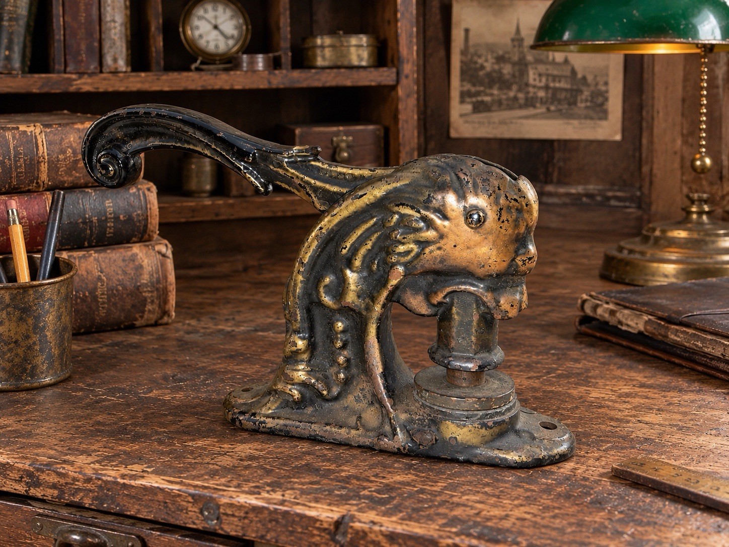 Rare Antique Cast Iron Lion Head Stamp Seal Press White Ribbon Mineral Water PA Rare Antique Cast Iron Lion Head Stamp Seal Press White Ribbon Mineral Water PA