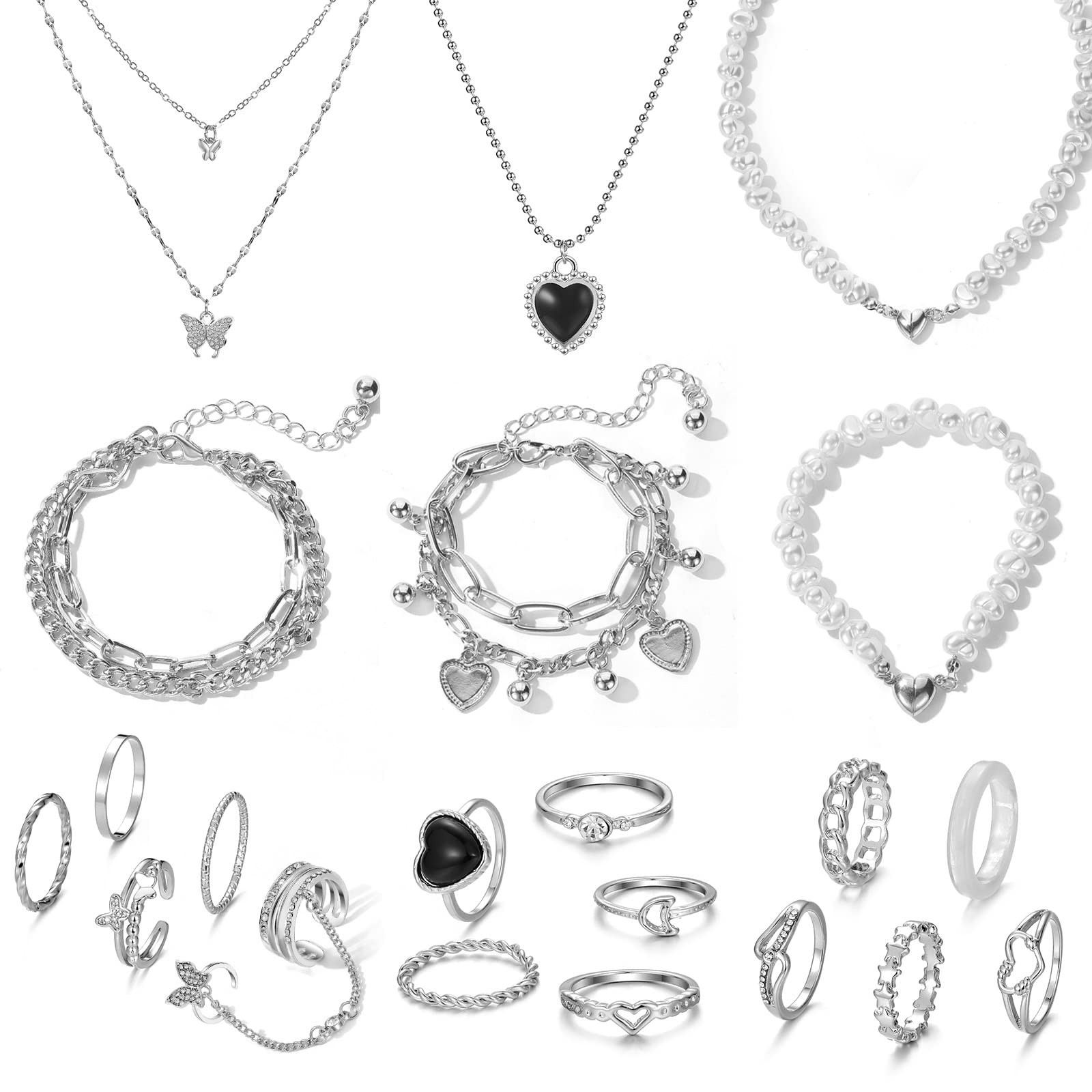IFKM 21 PC Silver Plated Jewelry Set with 3 Necklace, 3 21 Pcs IFKM 21 PC Silver Plated Jewelry Set with 3 Necklace, 3 21 Pcs