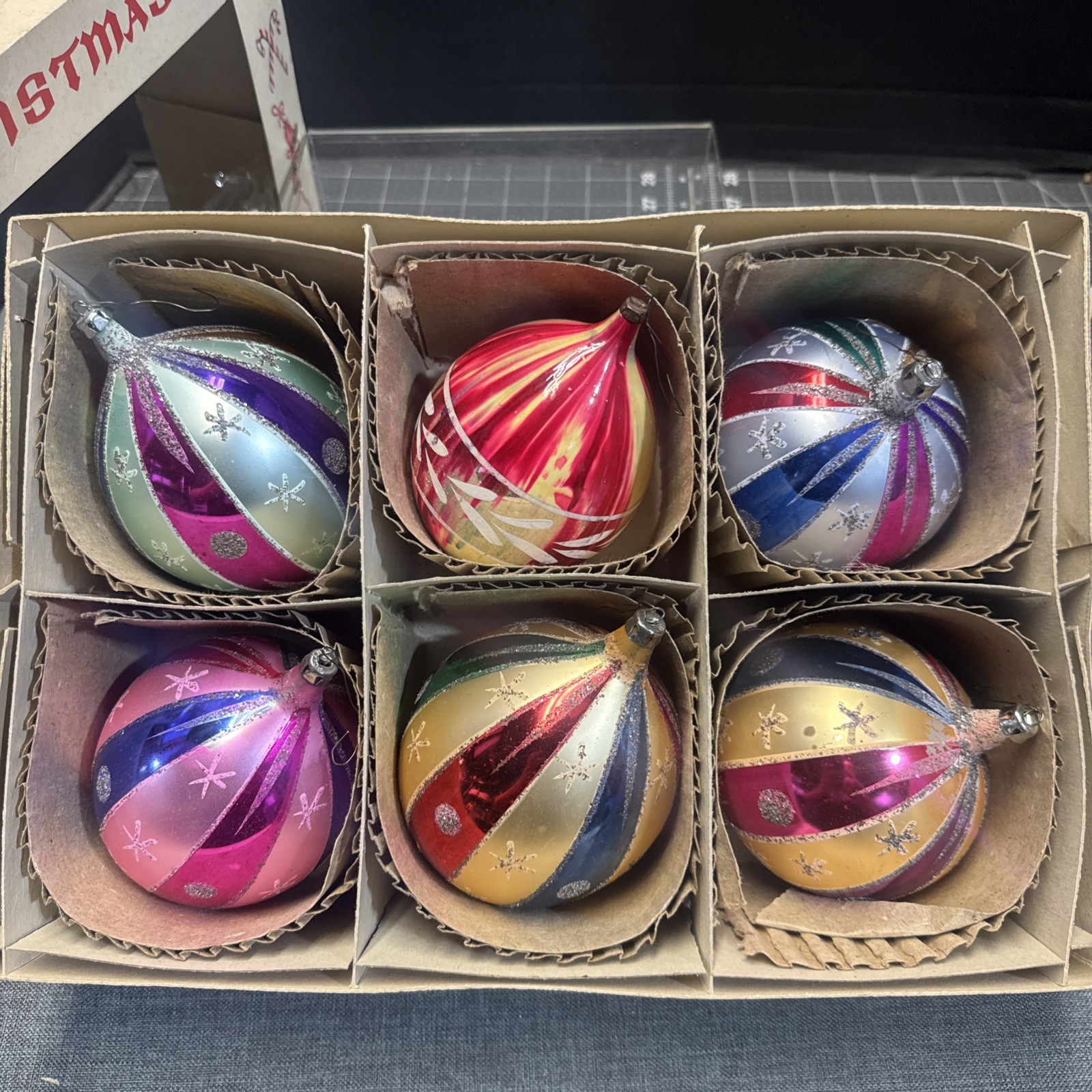 Set of 6 Vintage Christmas Tree Ornaments , Glass Jumbo Poland ornaments Set of 6 Vintage Christmas Tree Ornaments , Glass Jumbo Poland ornaments