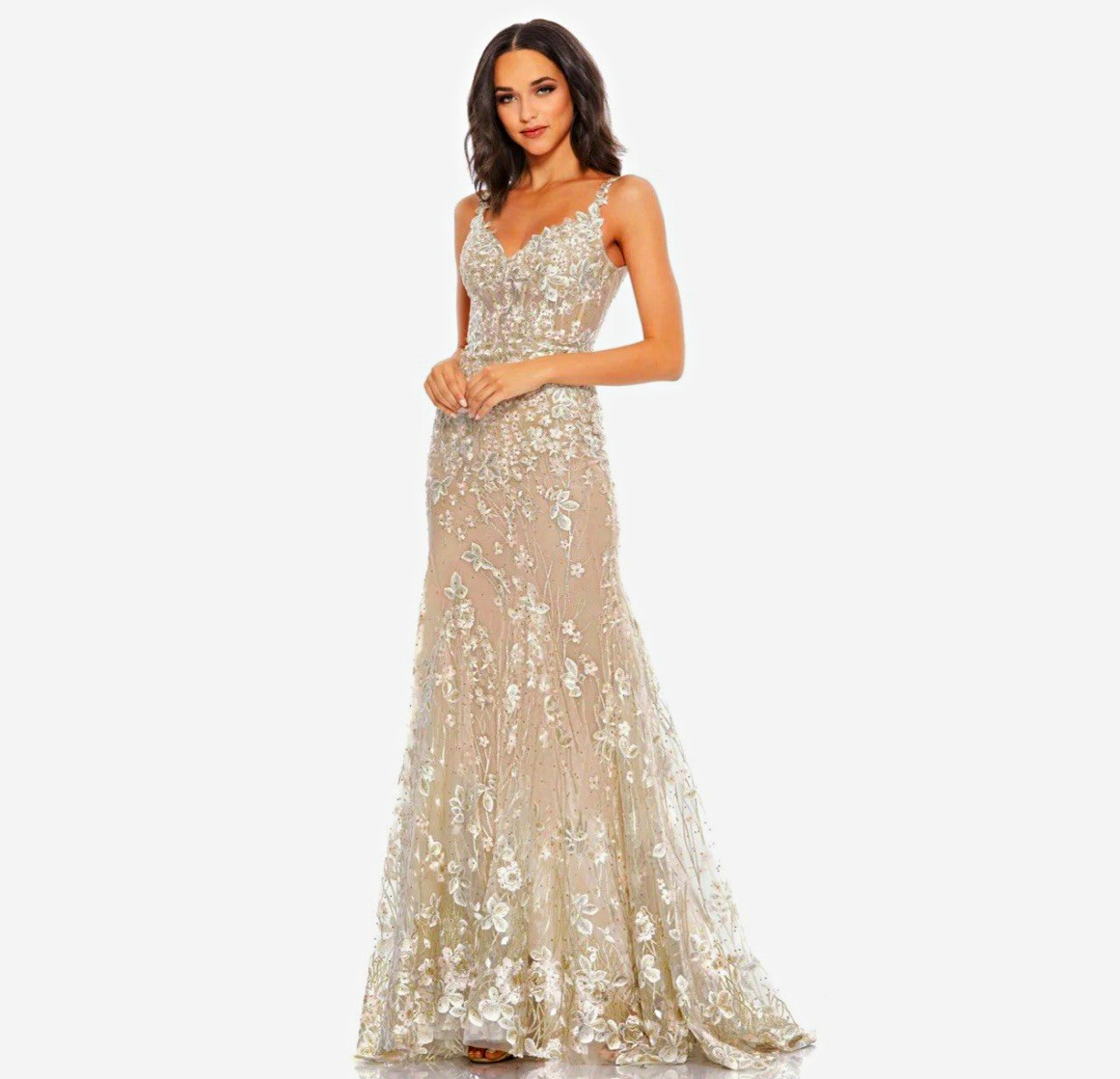 Women\'s Formal Beige Floral Sequin Beaded V-Neck Strappy Long Gown Women\'s Formal Beige Floral Sequin Beaded V-Neck Strappy Long Gown