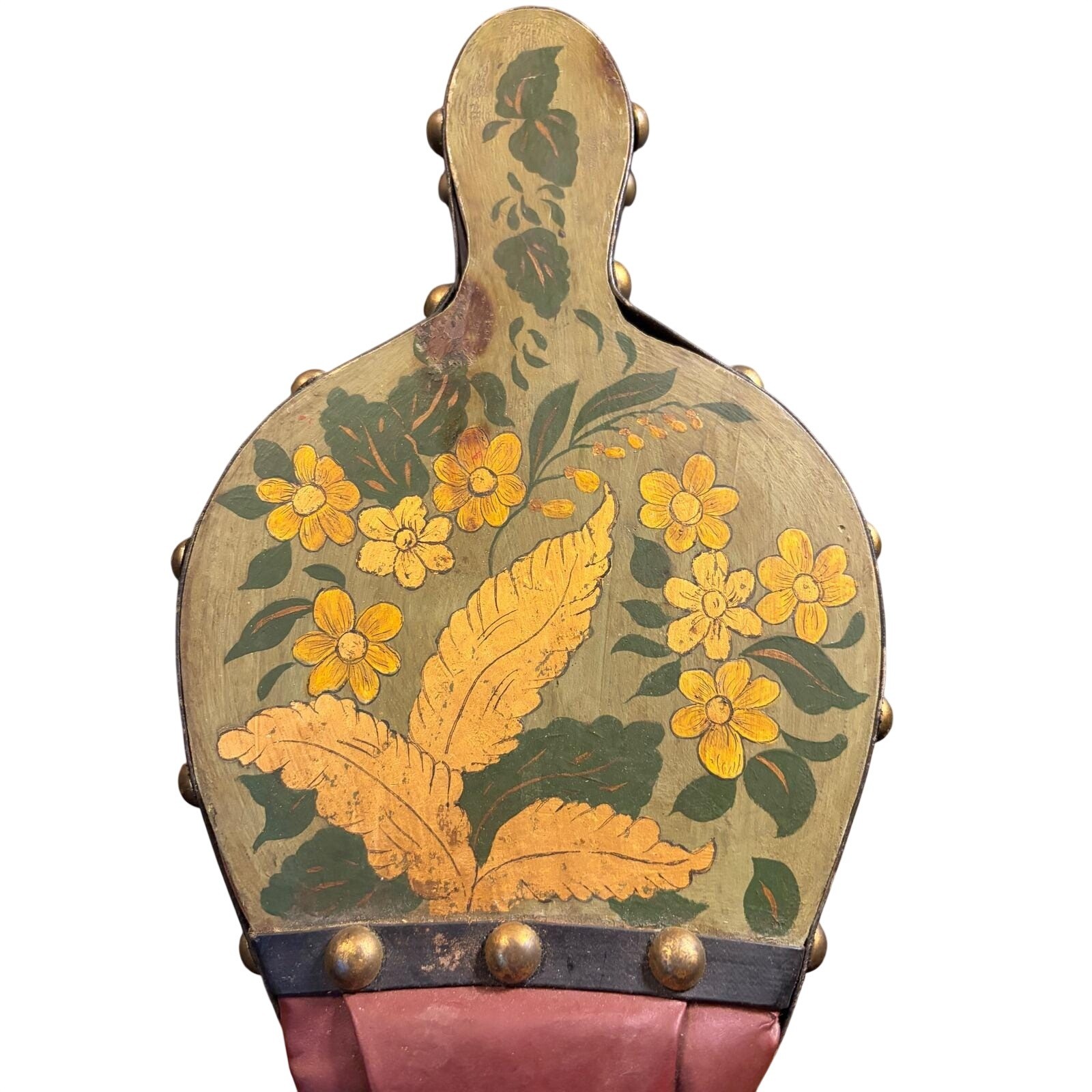 Antique Hand Painted Floral Fireplace Bellows Wood Leather Brass Studs 17.5\