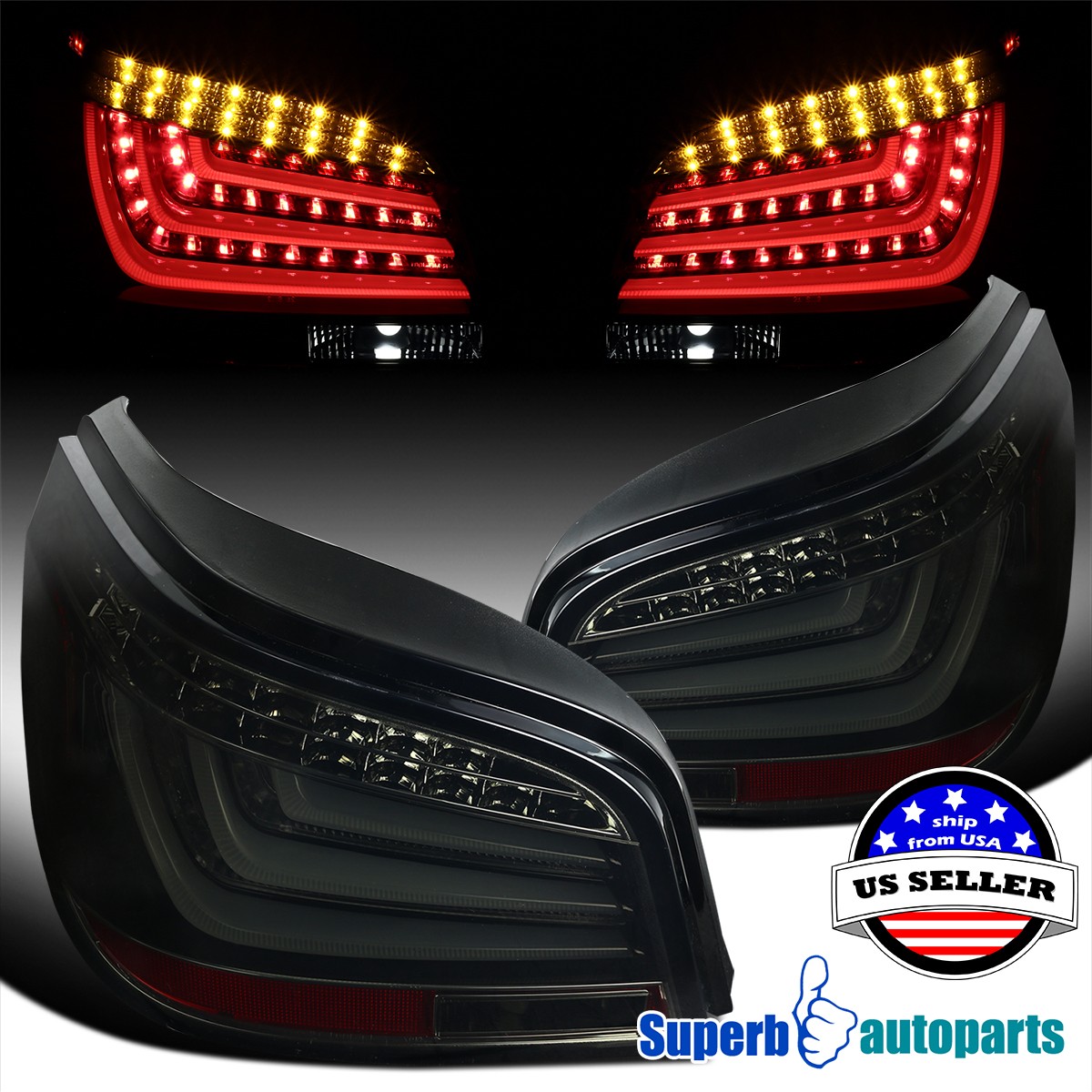 Fits 2004-2007 BMW E60 5-Series LED Bar Glossy Black Housing Smoke Tail Lights Fits 2004-2007 BMW E60 5-Series LED Bar Glossy Black Housing Smoke Tail Lights