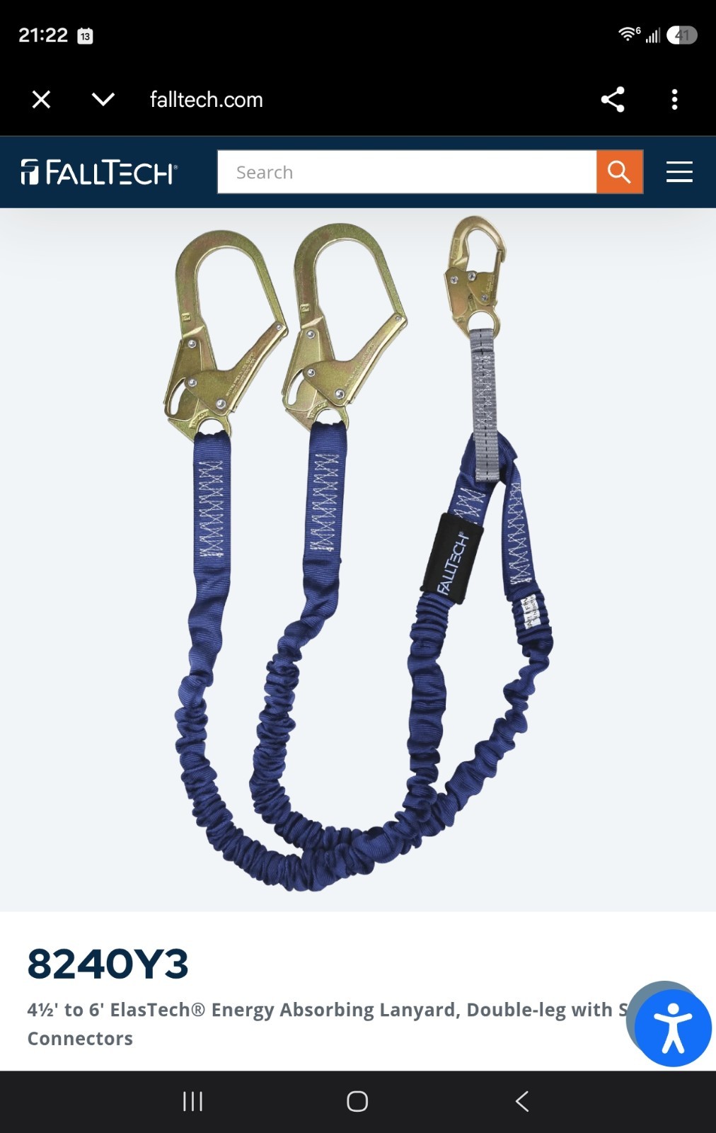 FallTech Shock-Absorbing Fall Arrest Safety Lanyard / NEW / 8240Y3 FallTech Shock-Absorbing Fall Arrest Safety Lanyard / NEW / 8240Y3